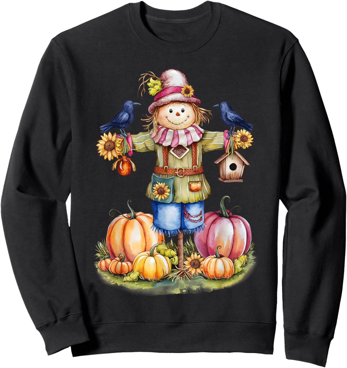Scarecrow In Pumpkin Garden Hello Fall Autumn Falling Leaves Sweatshirt - Sweatshirt | Black
