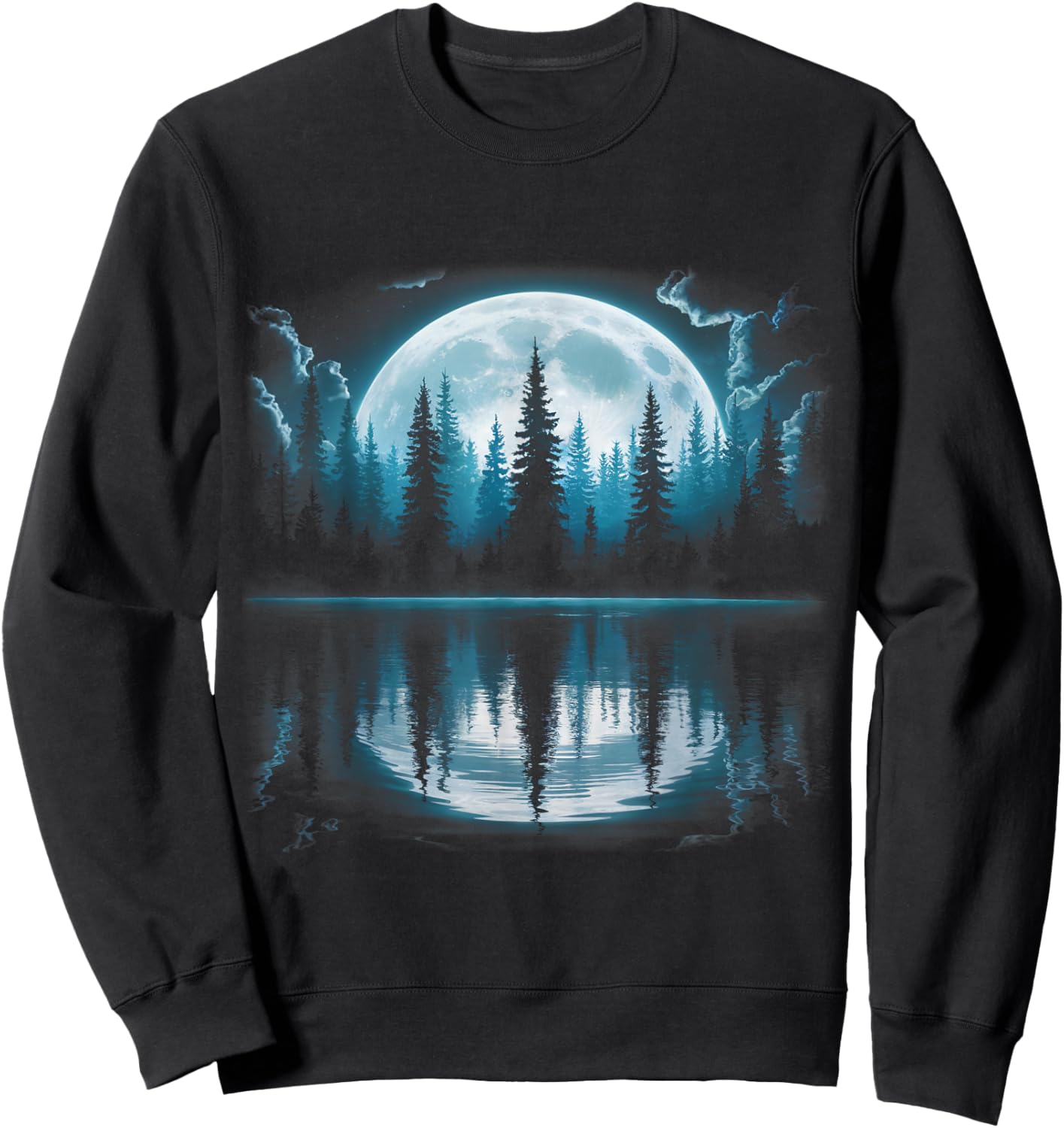 Full Moon Forest Trees Reflection Nature Outdoor Night Art Sweatshirt - Sweatshirt | Black