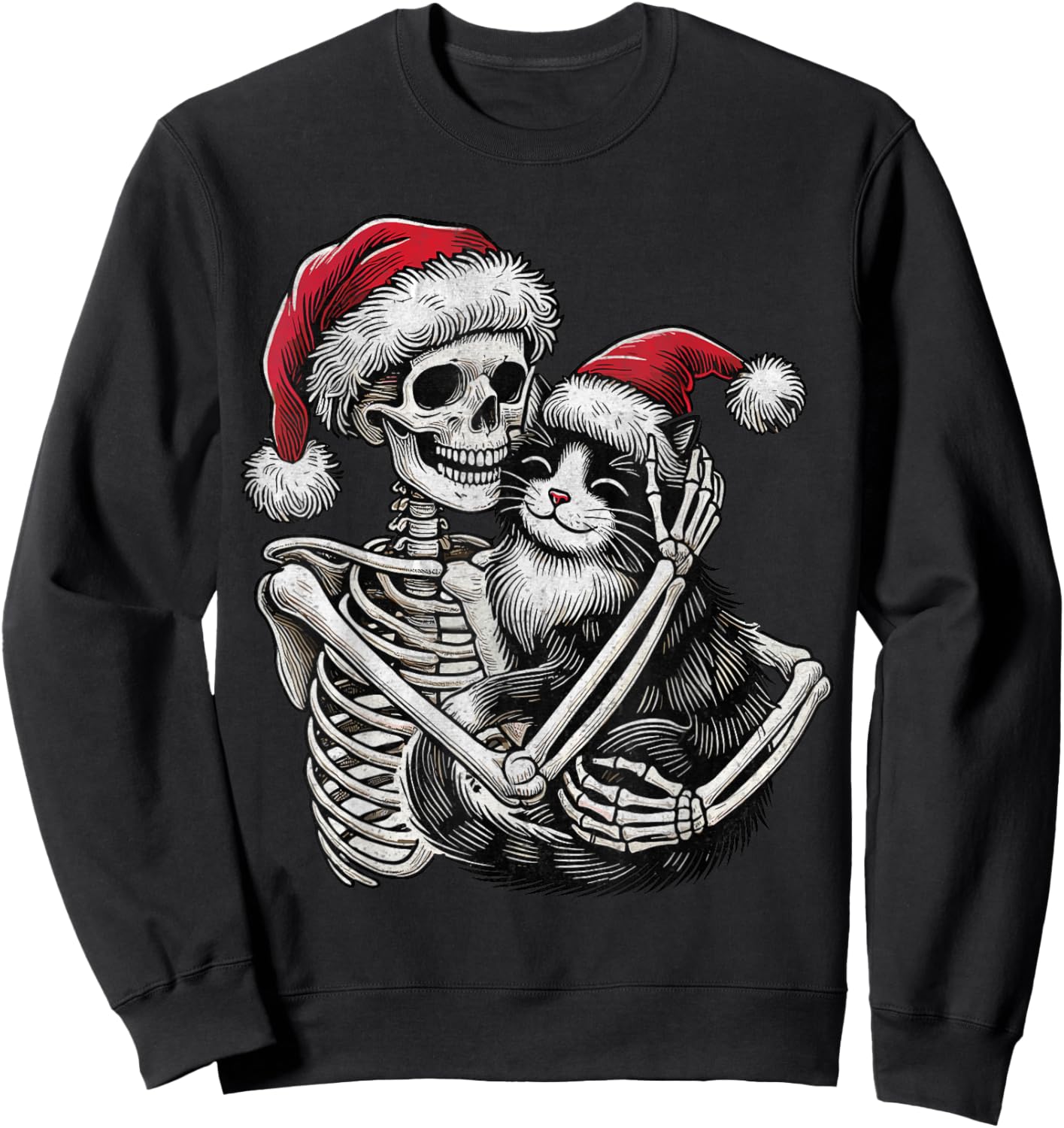 Skeleton Hugging Cat christmas Cat Lover Cat Mom Dad Sweatshirt - Sweatshirt | Black