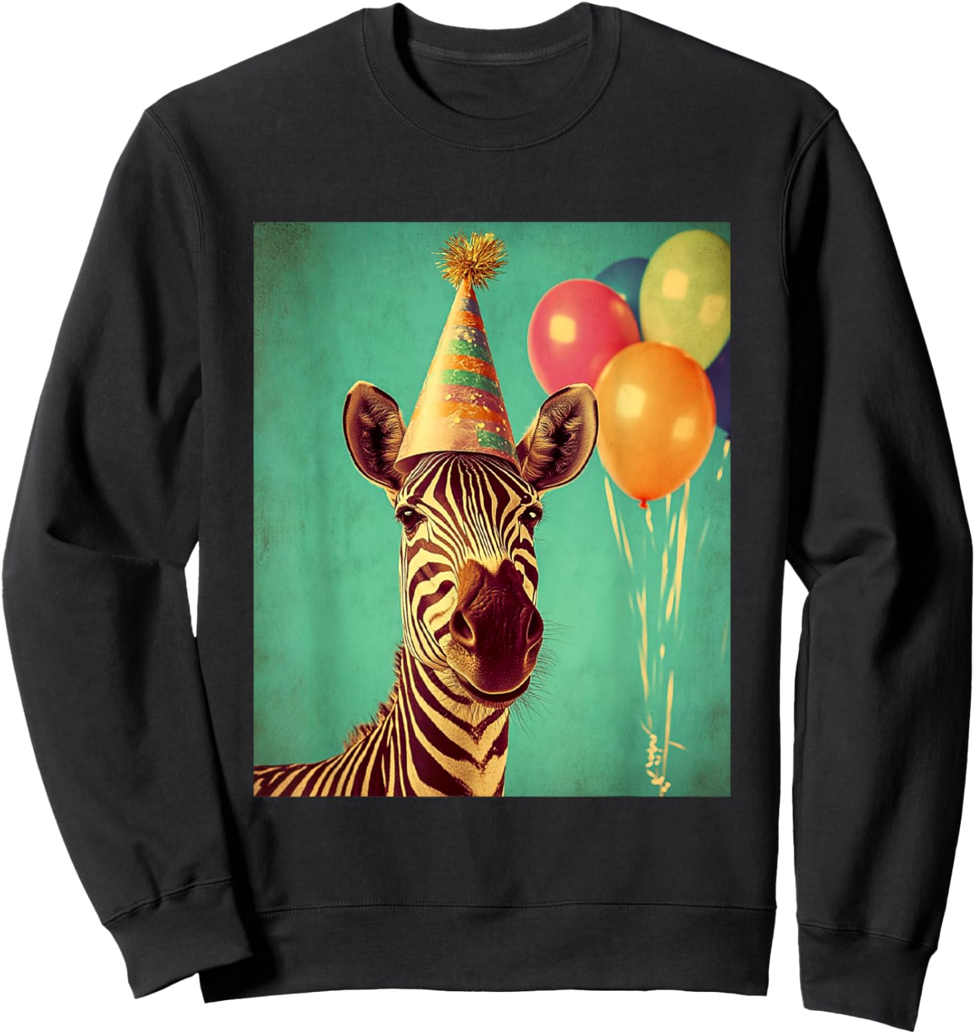 Zebra Retro Art Print Birthday Party Balloons & Party Hat Sweatshirt - Sweatshirt | Black