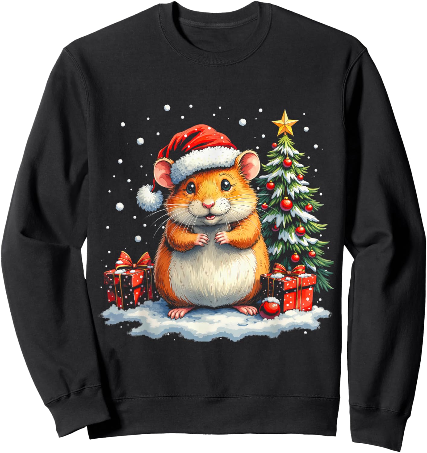 Cute Hamster with Santa Hat and Snow Holiday Christmas Sweatshirt - Sweatshirt | Black