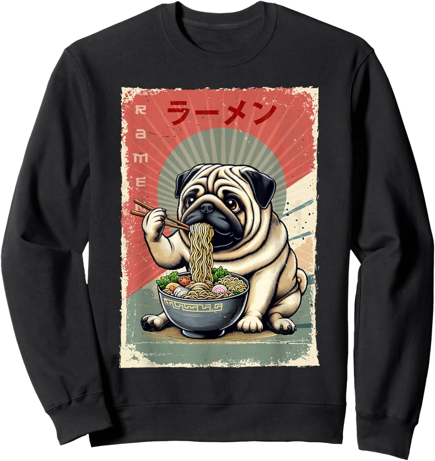 Pug Dog Eating Ramen Japanese Noodles Soup -Adults, -Kids Black Small Classic Fit Short Sleeve Sweatshirt - Sweatshirt | Black
