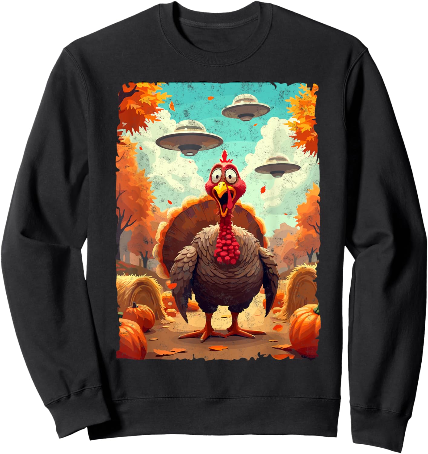 Autumn Fall Season Funny Turkey & UFO Thanksgiving Day Alien Believer Sweatshirt - Sweatshirt | Black