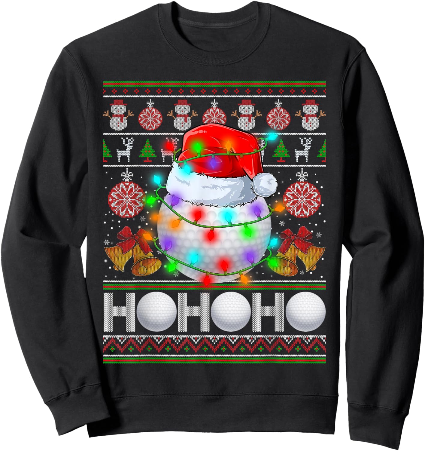 Santa Claus Golf Ball Xmas Tree Light Ugly Christmas Sweater Sweatshirt - Sweatshirt | Black