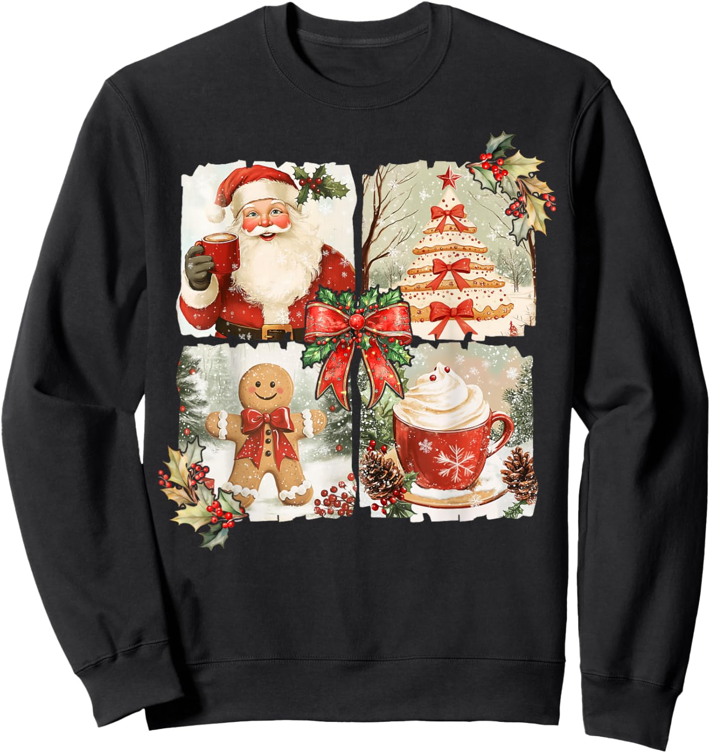 Vintage Coquette Bow Santa Gingerbread Christmas Tree Xmas Sweatshirt - Sweatshirt | Black