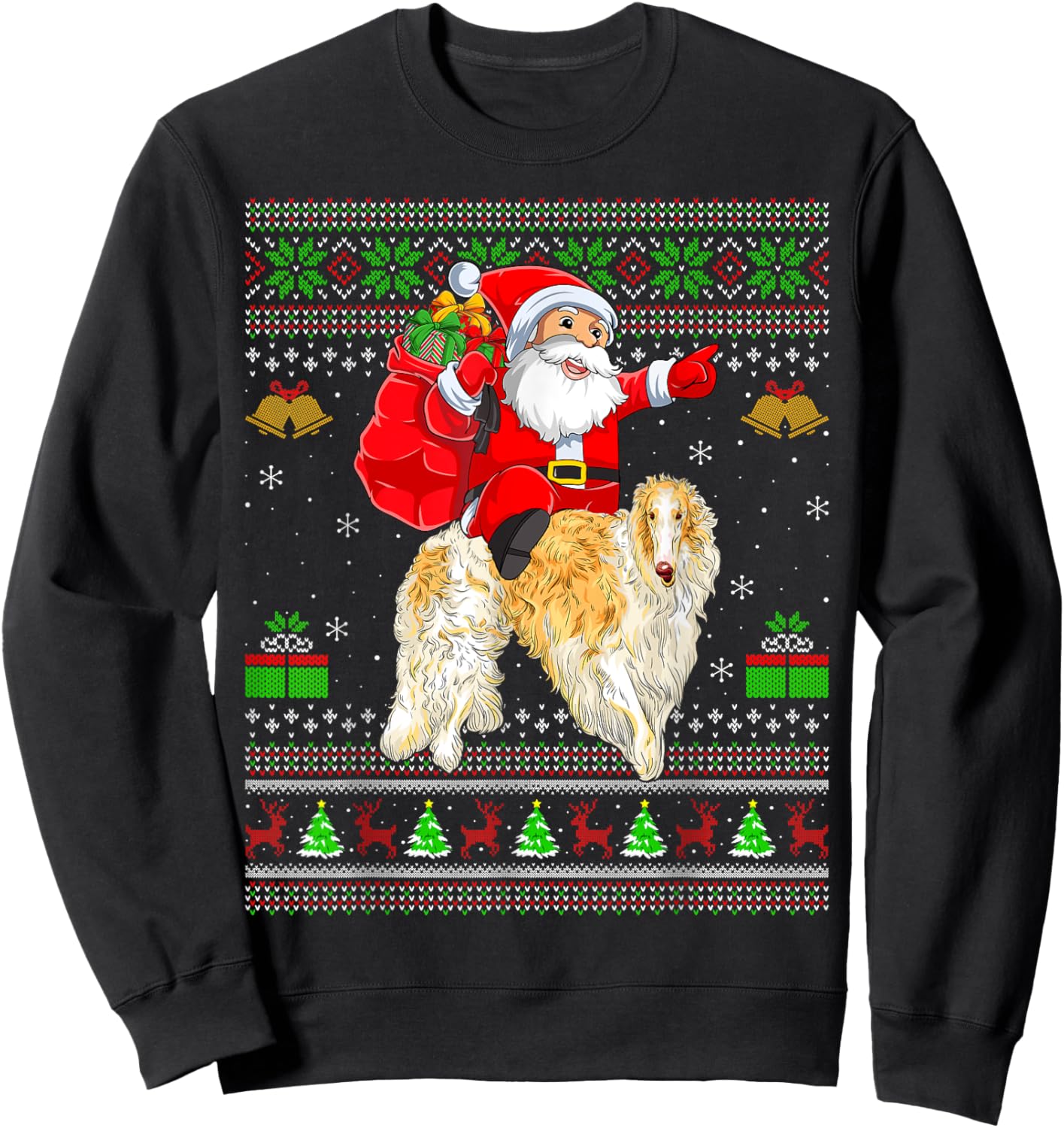 Ugly Xmas Sweater Funny Santa Riding Borzoi Dog Christmas Sweatshirt - Sweatshirt | Black