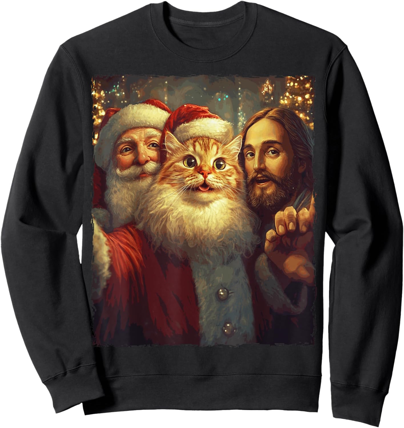 Funny Cat Selfie Santa Jesus Xmas Christmas Men Women Kids Sweatshirt - Sweatshirt | Black