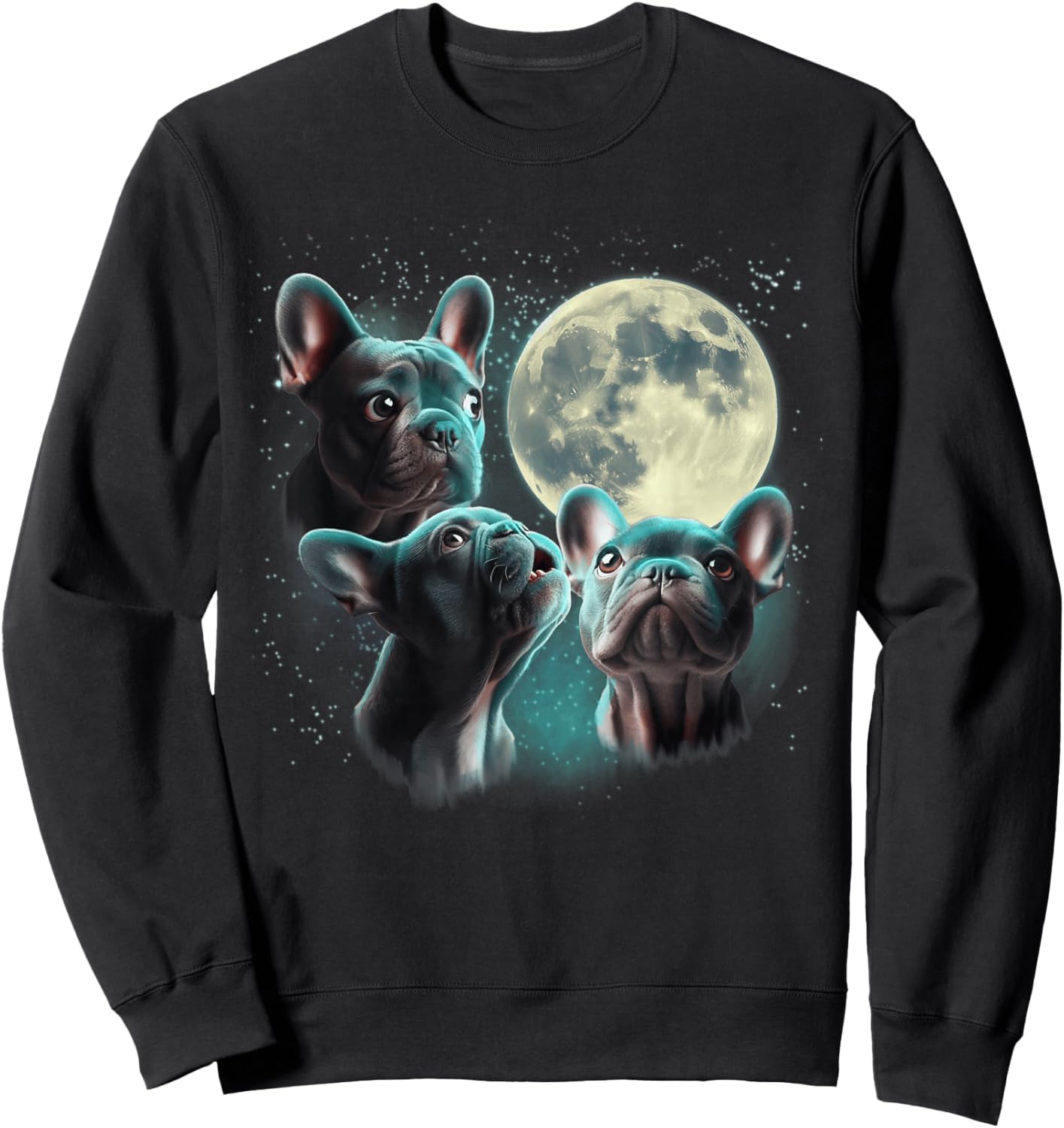 Funny Three French Bulldog Moon, 3 Frenchie Blue, Weird Cute Sweatshirt - Sweatshirt | Black
