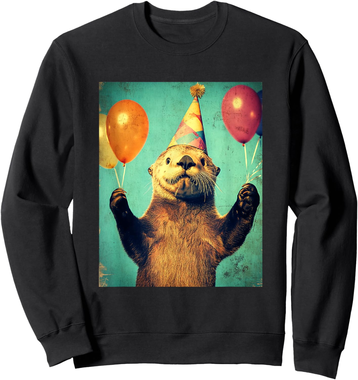 Sea Otter Retro Art Print Birthday Party Balloons & Hat Sweatshirt - Sweatshirt | Black