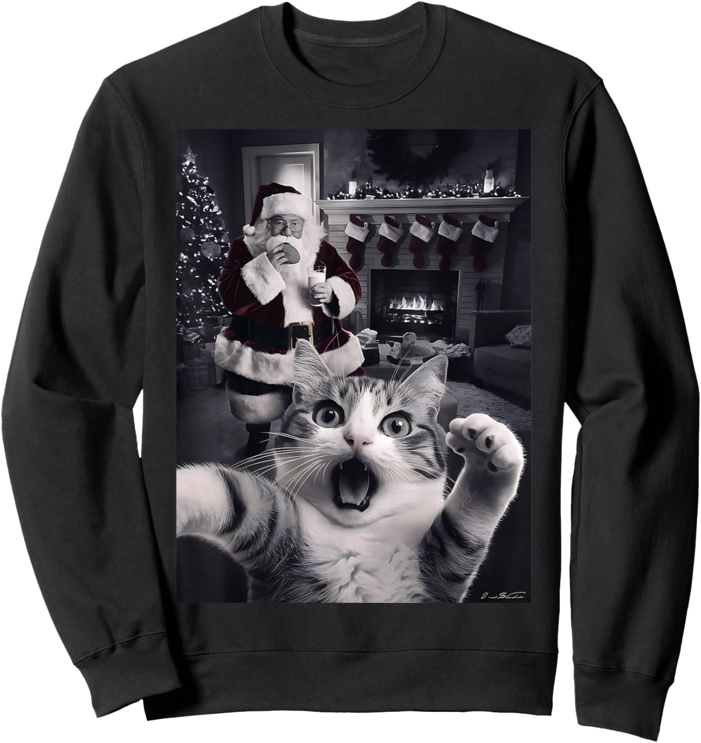 Funny Cat Selfie With Santa Christmas Sweatshirt - Sweatshirt | Black