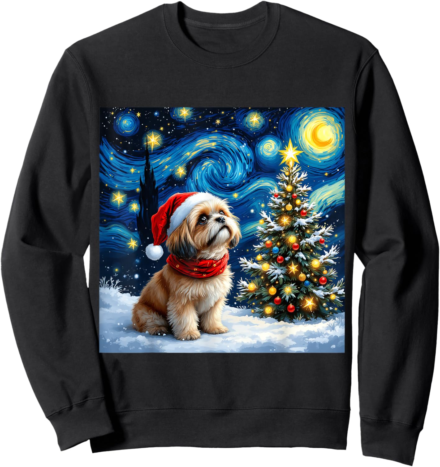 Shih Tzu Starry Night Christmas Van Gogh Dog Santa Hat Sweatshirt - Sweatshirt | Black
