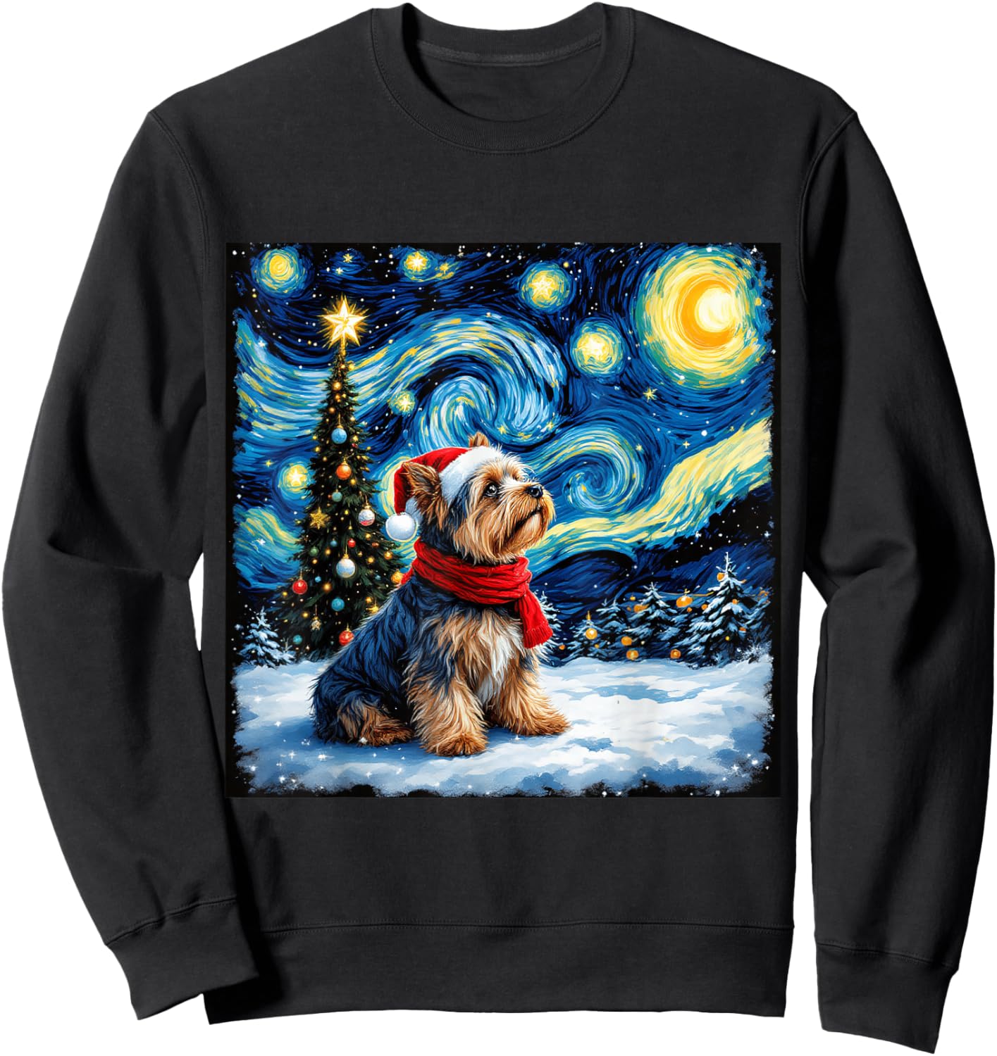 Yorkshire Terrier Starry Night Christmas Van Gogh Dog Santa Sweatshirt - Sweatshirt | Black