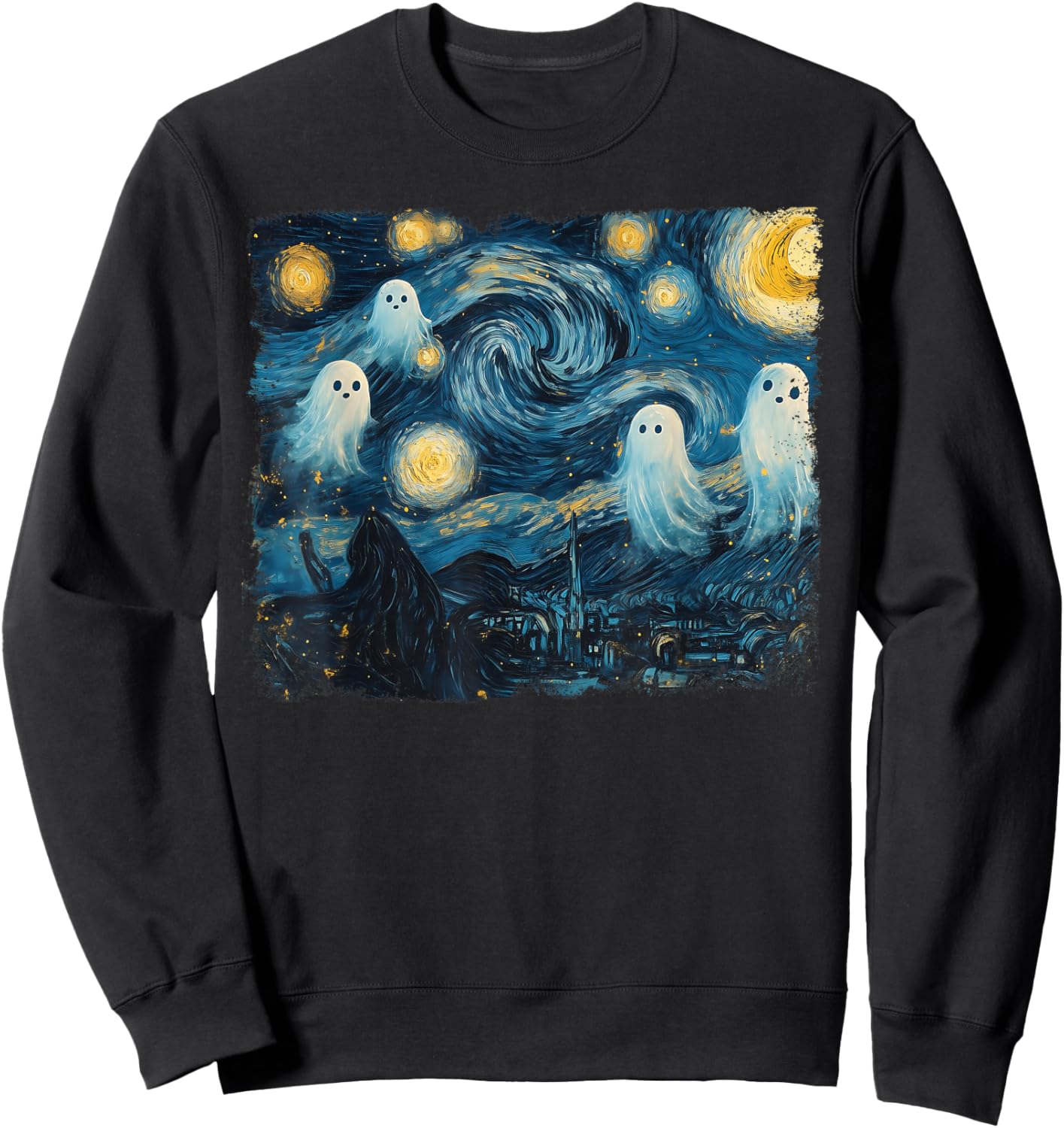 Cute Ghost Starry Night Halloween Spooky Retro Van Gogh Art Sweatshirt - Sweatshirt | Black