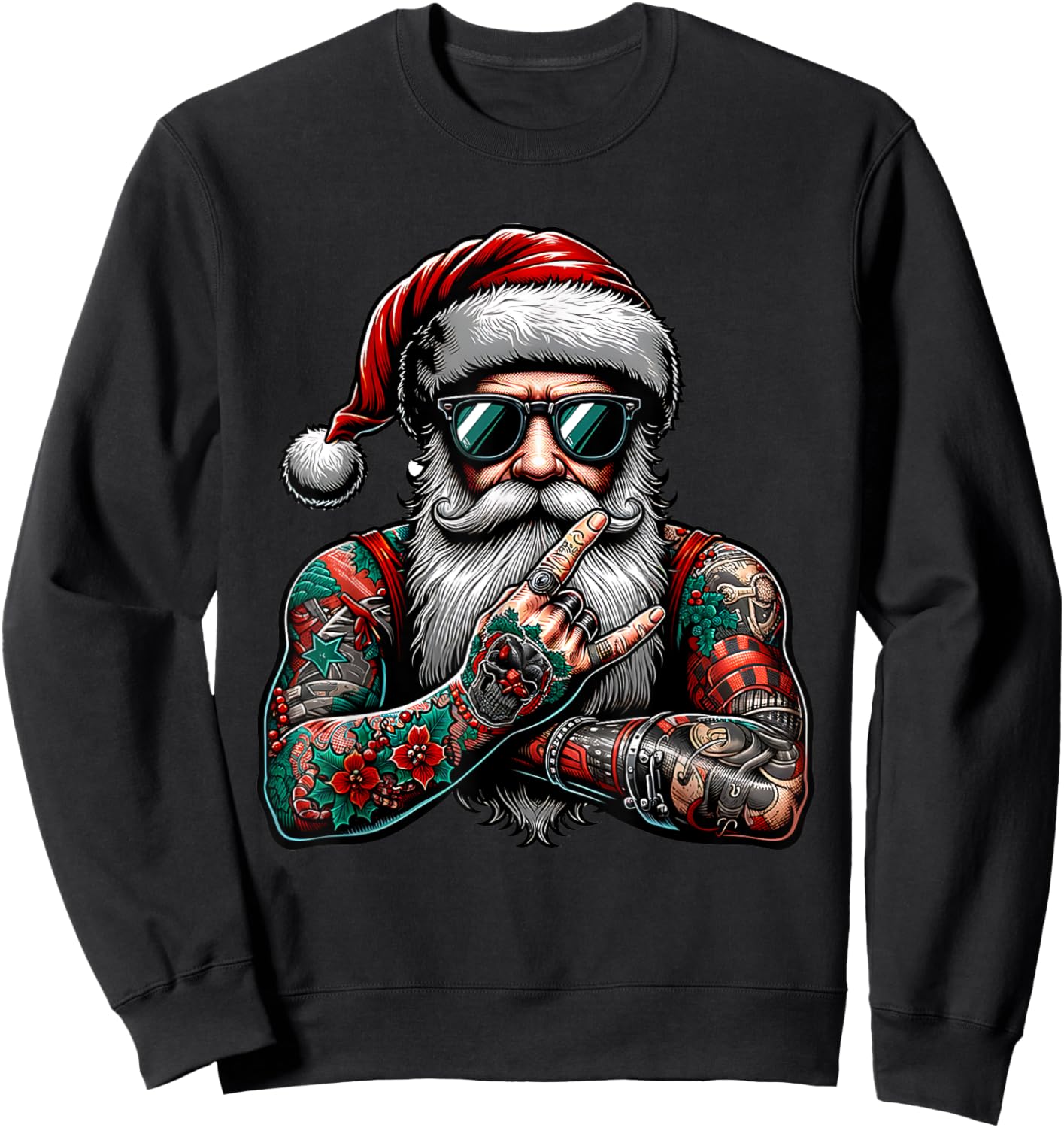 Tattooed Santa Claus inked xmas men & women ugly Christmas Sweatshirt - Sweatshirt | Black