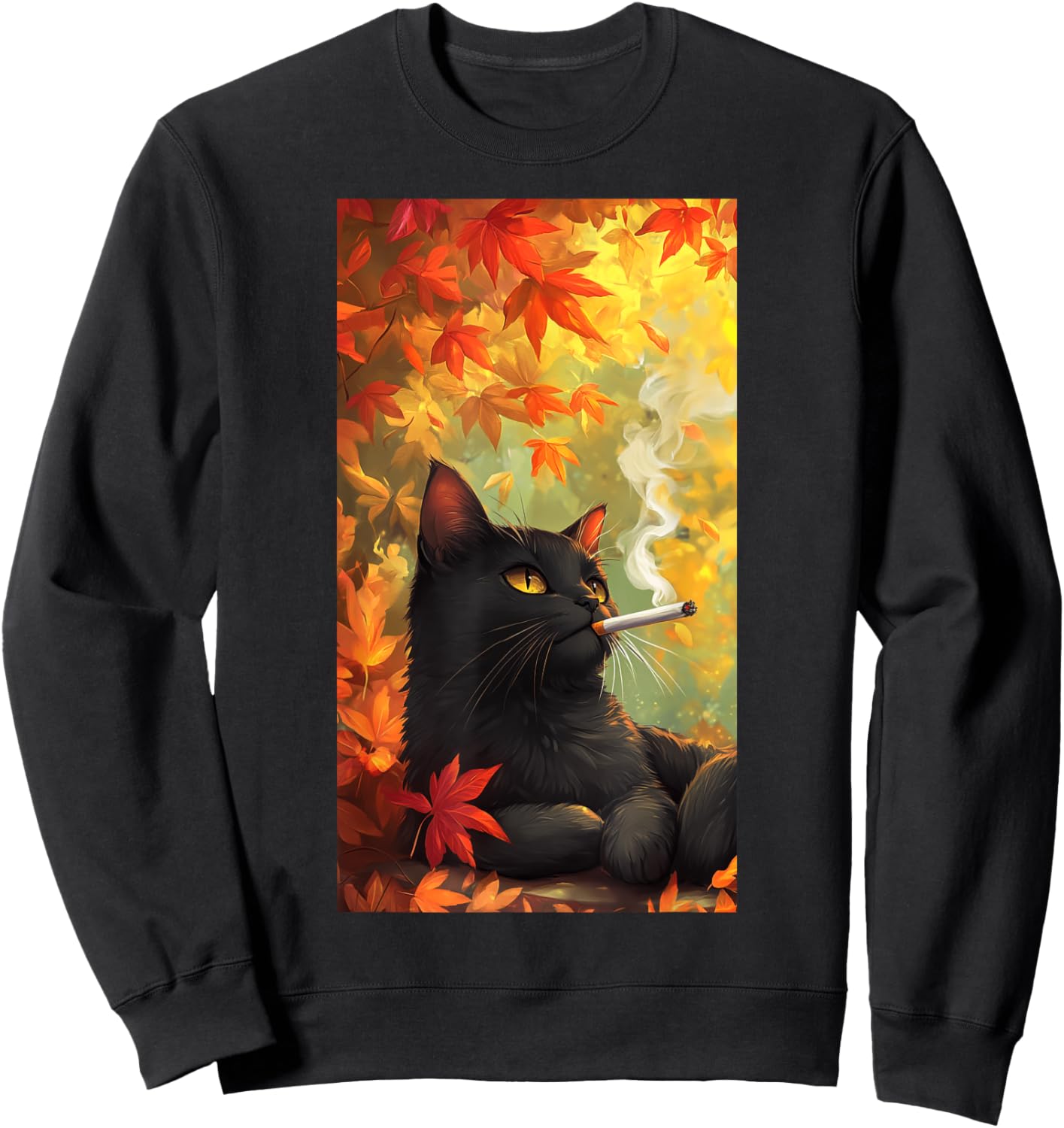 Cat Relaxing Cigarette Autumn leaves Smoking cat Men Women Sweatshirt - Sweatshirt | Black