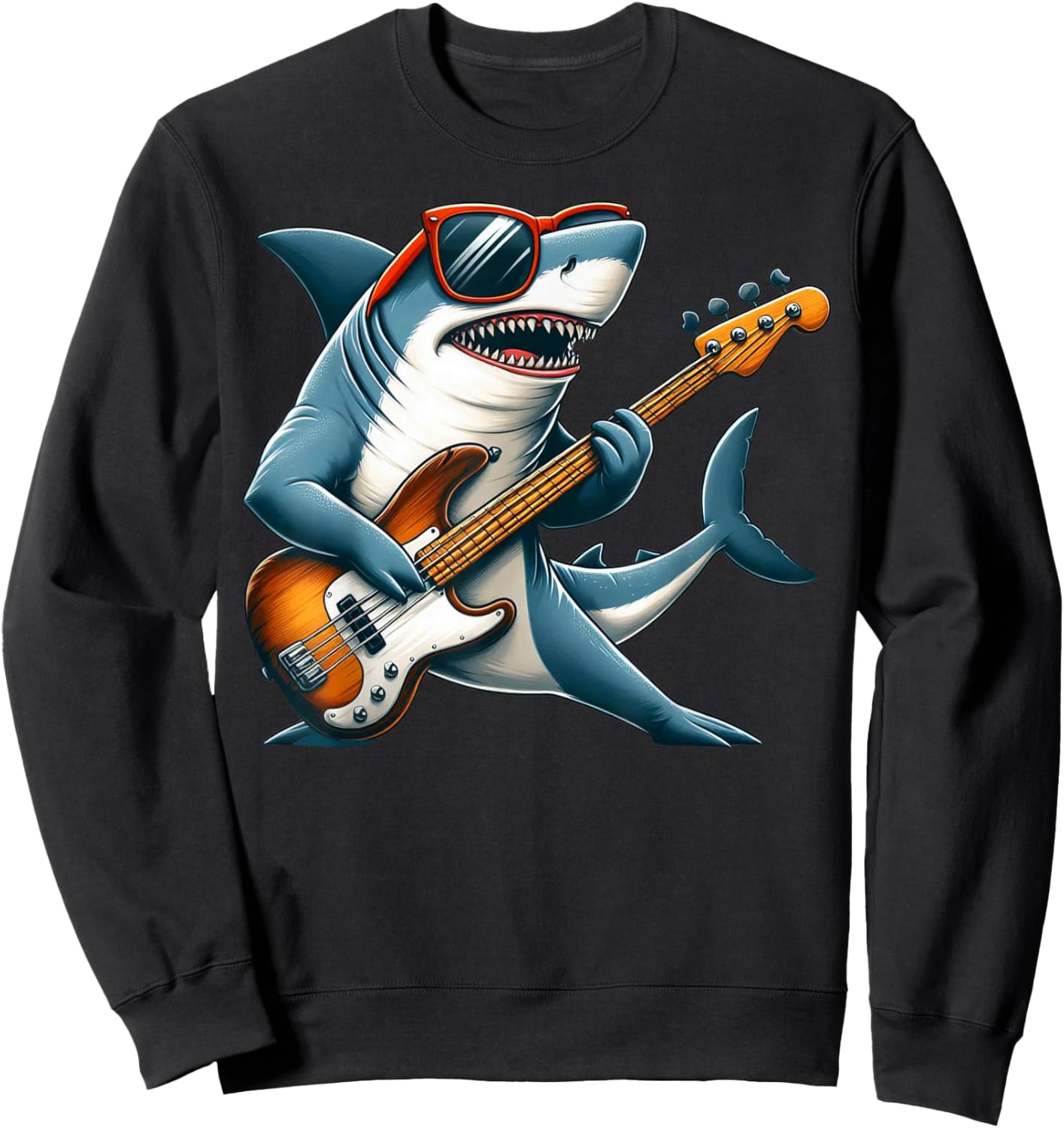 Funny Electric Guitar Lover Graphic Of A Shark Playing Bass Sweatshirt - Sweatshirt | Black