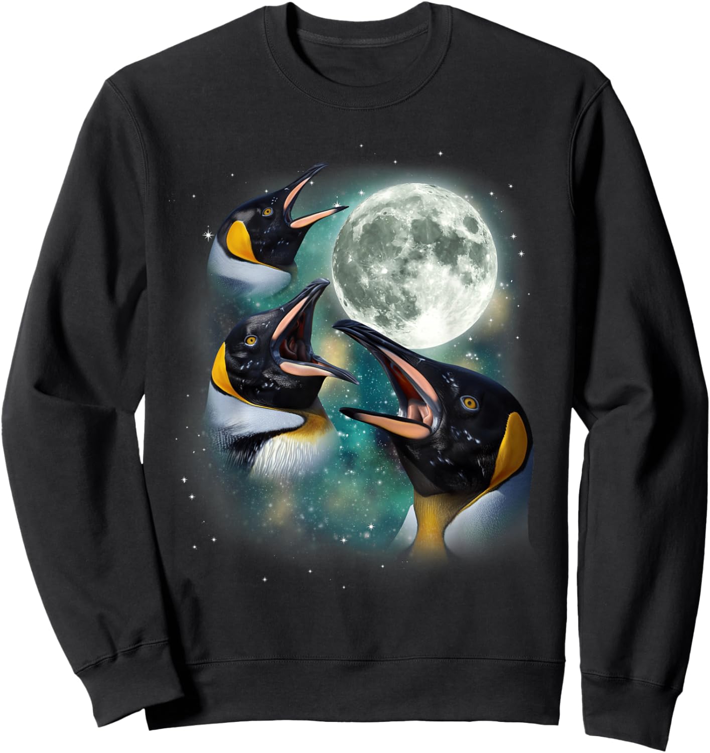 Three Penguin Moon | 3 Funny Antarctic Birds Howling Parody Sweatshirt - Sweatshirt | Black