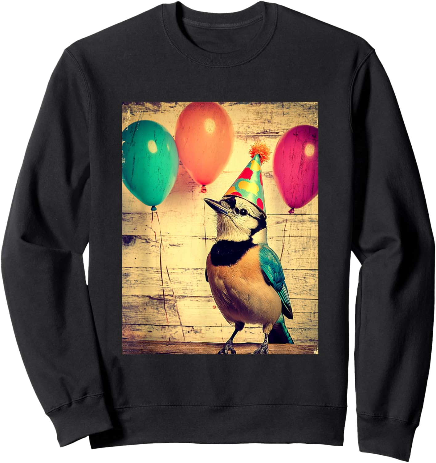 Blue Jay Retro Art Print Birthday Party Balloons & Party Hat Sweatshirt - Sweatshirt | Black