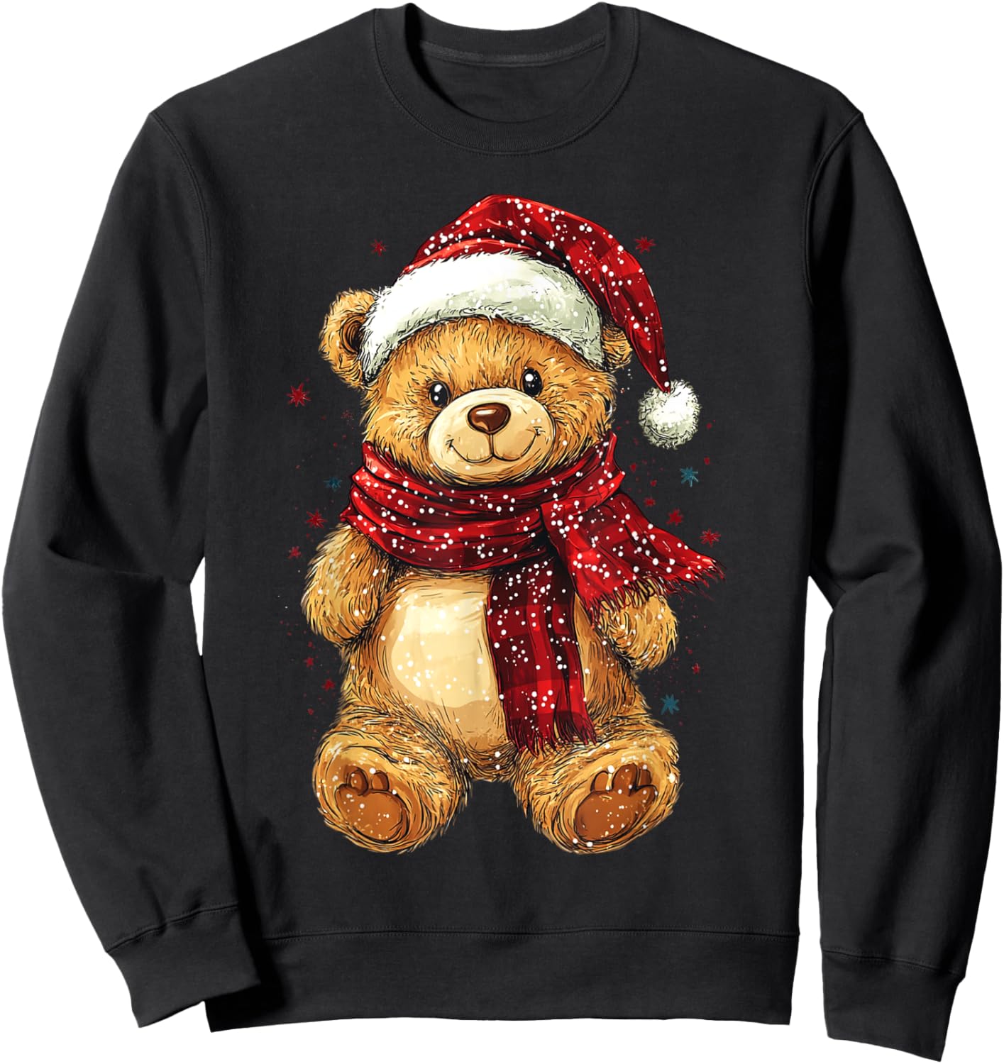 Teddy Bear Wearing Christmas Hat and Scarf Cute Bear Sweatshirt - Sweatshirt | Black