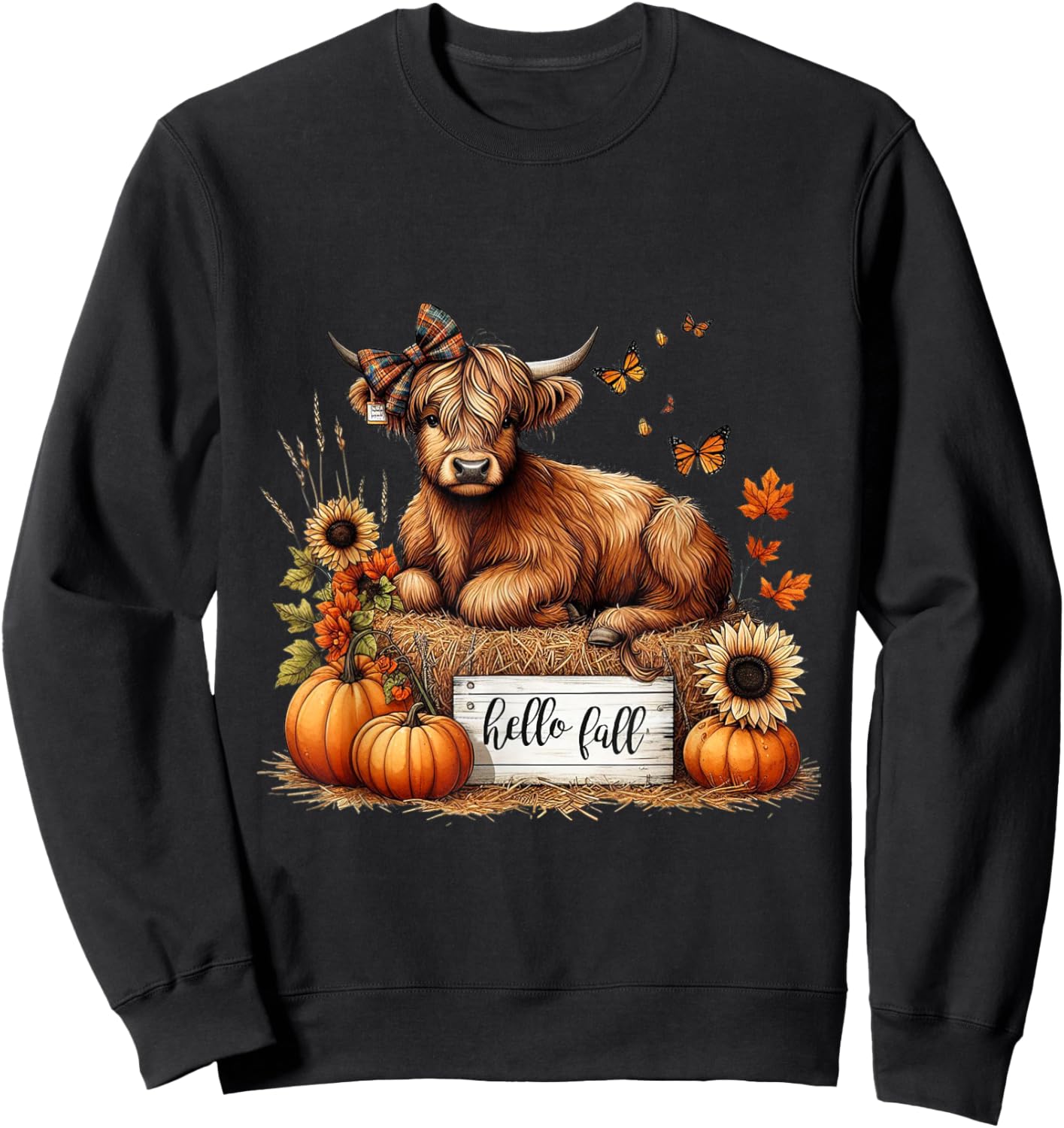 Hello Fall Pumkin Highland Cow Fall Autumn Thanksgiving Sweatshirt - Sweatshirt | Black