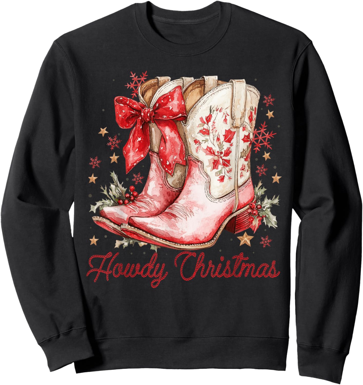 Western Howdy Christmas Cowgirl Boot Coquette Bow Christmas Sweatshirt - Sweatshirt | Black