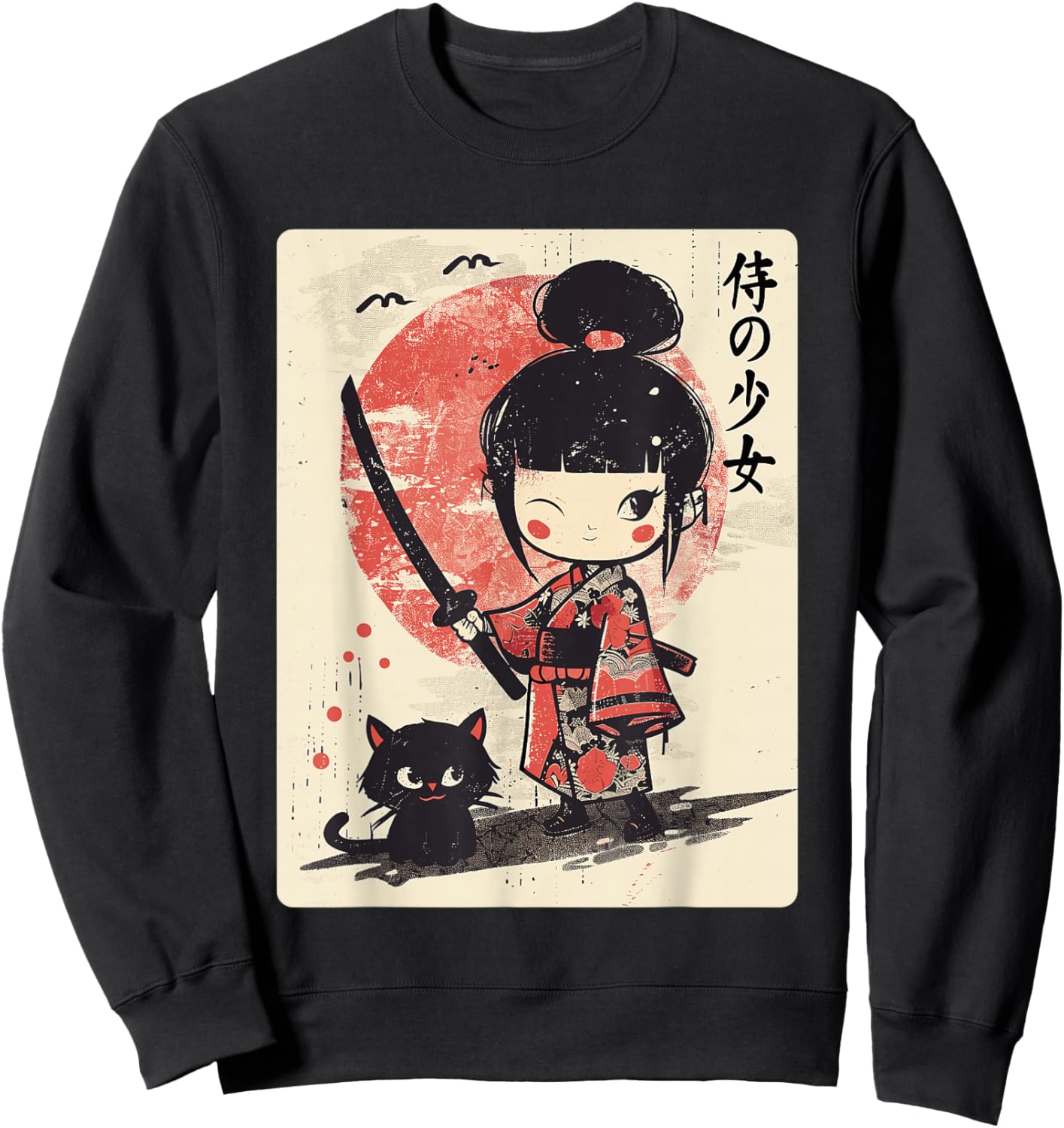 Cute Kawaii Samurai Girl with Katana & Cat Japanese Anime Sweatshirt - Sweatshirt | Black