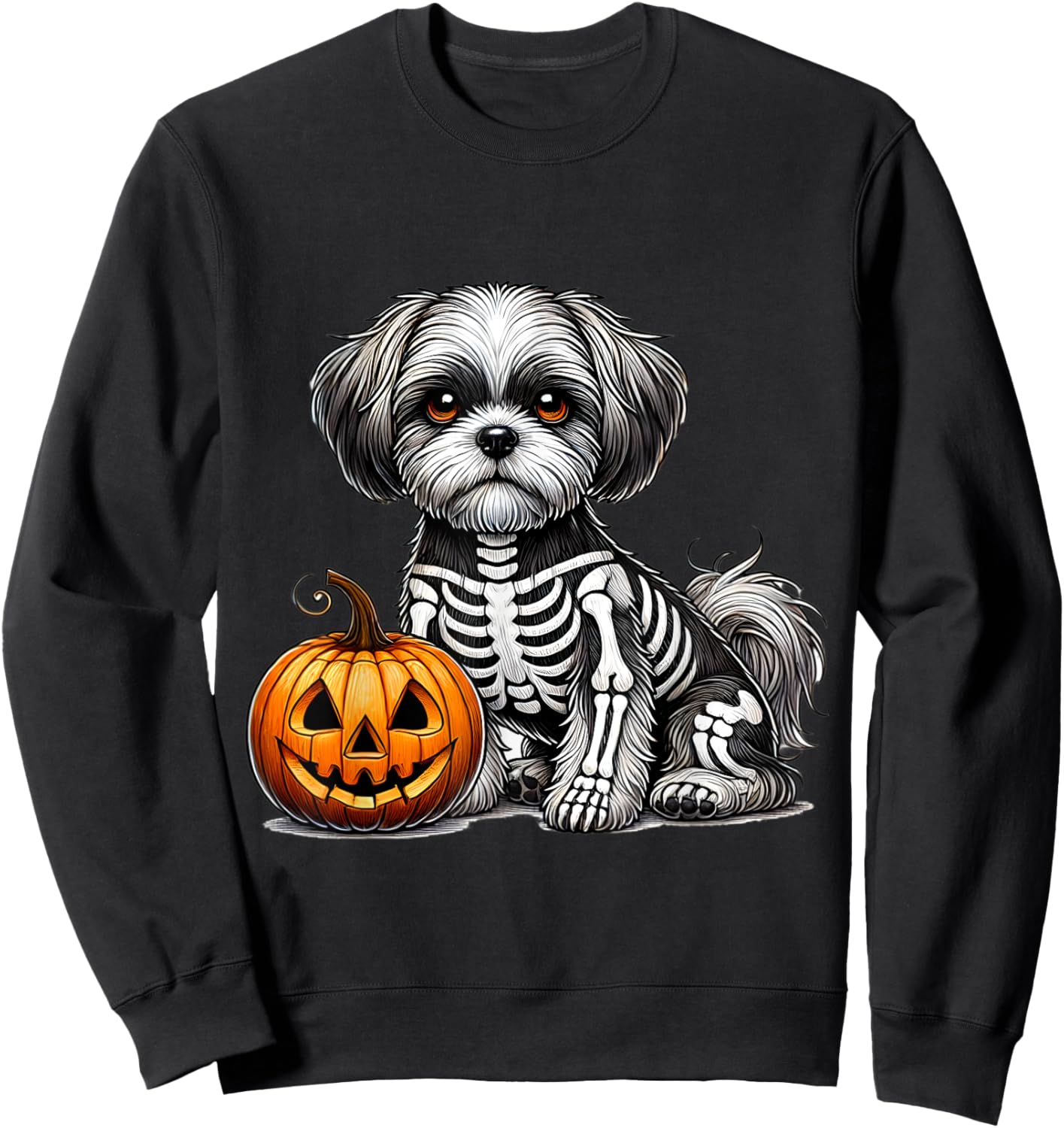 Shih Tzu Skeleton Jack O Lantern Funny Dog Halloween Sweatshirt - Sweatshirt | Black