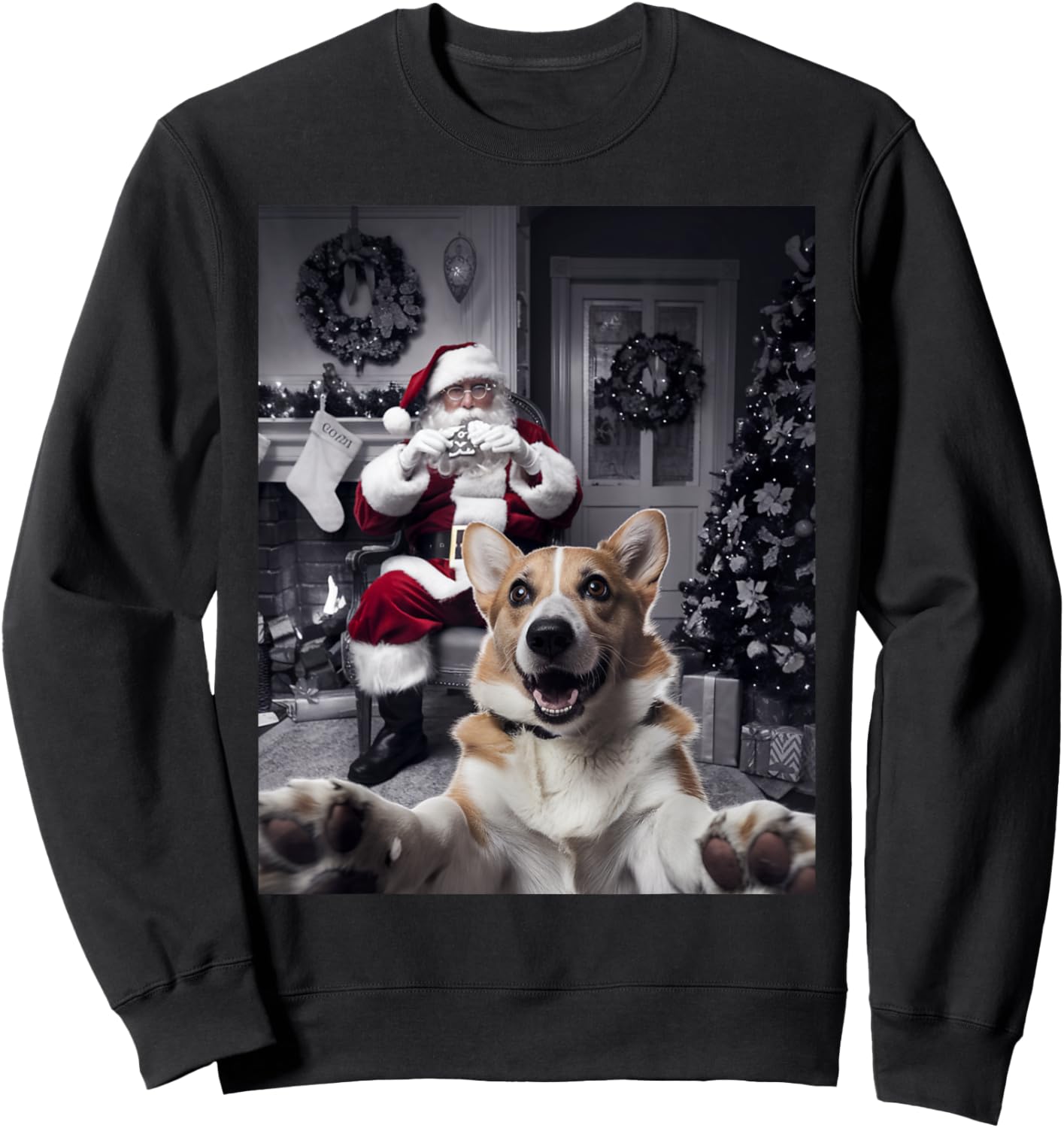 Christmas Funny Corgi Dog Selfie with Santa Claus Holiday Sweatshirt - Sweatshirt | Black