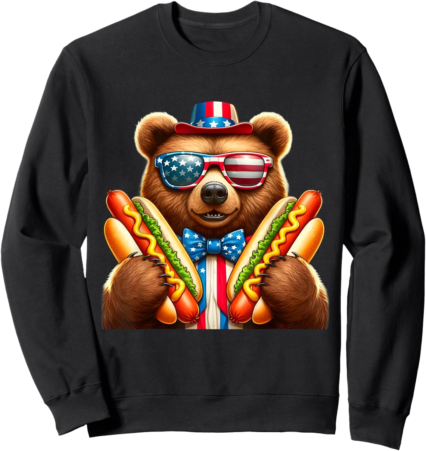 Hotdog Bear Funny Patriotic Bear USA Flag Wiener 4th of july Sweatshirt - Sweatshirt | Black