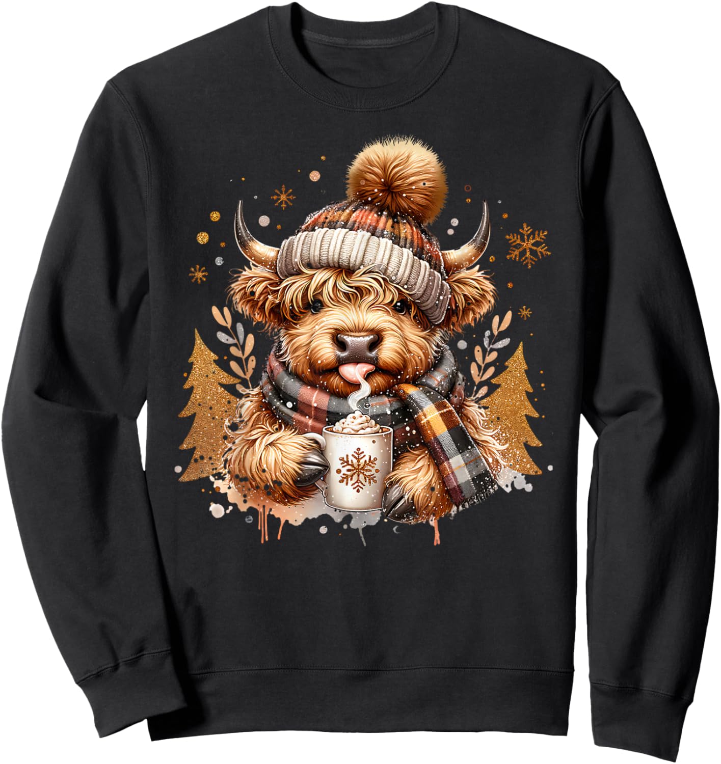 Cute Highland Cow Drinking Coffee Latte Winter Christmas Sweatshirt - Sweatshirt | Black