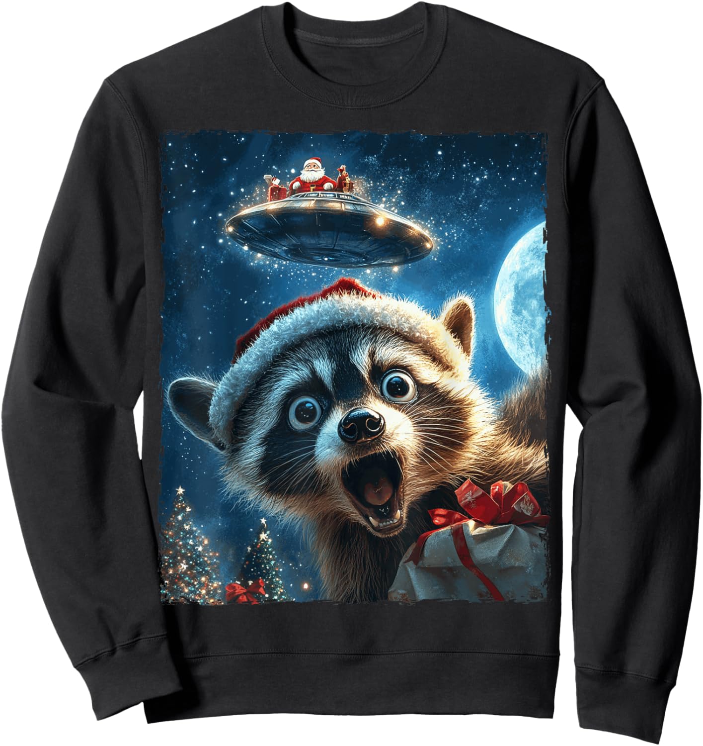 Funny Raccoon Selfie Santa Ufo Xmas Christmas Sweatshirt - Sweatshirt | Black