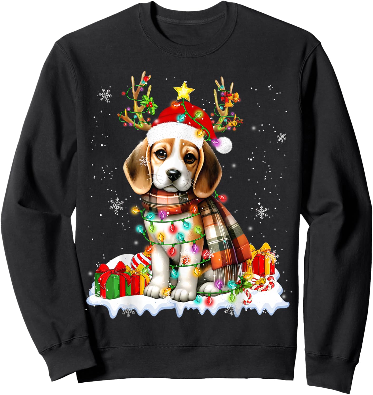 Santa Beagle Christmas Lights Funny Reindeer Dog Xmas 2026 Sweatshirt - Sweatshirt | Black