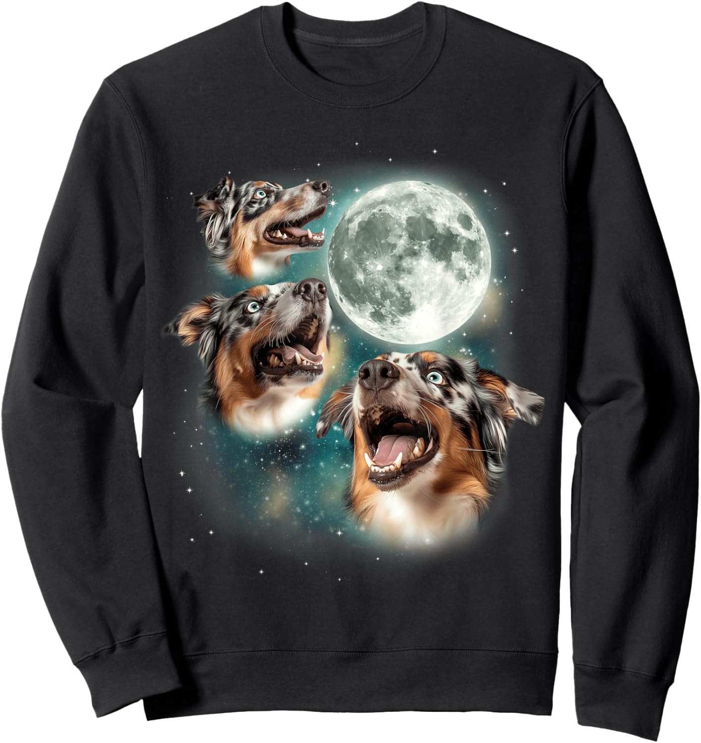 3 Australian Shepherds Moon | Three Aussies Howling Dog Meme Sweatshirt - Sweatshirt | Black