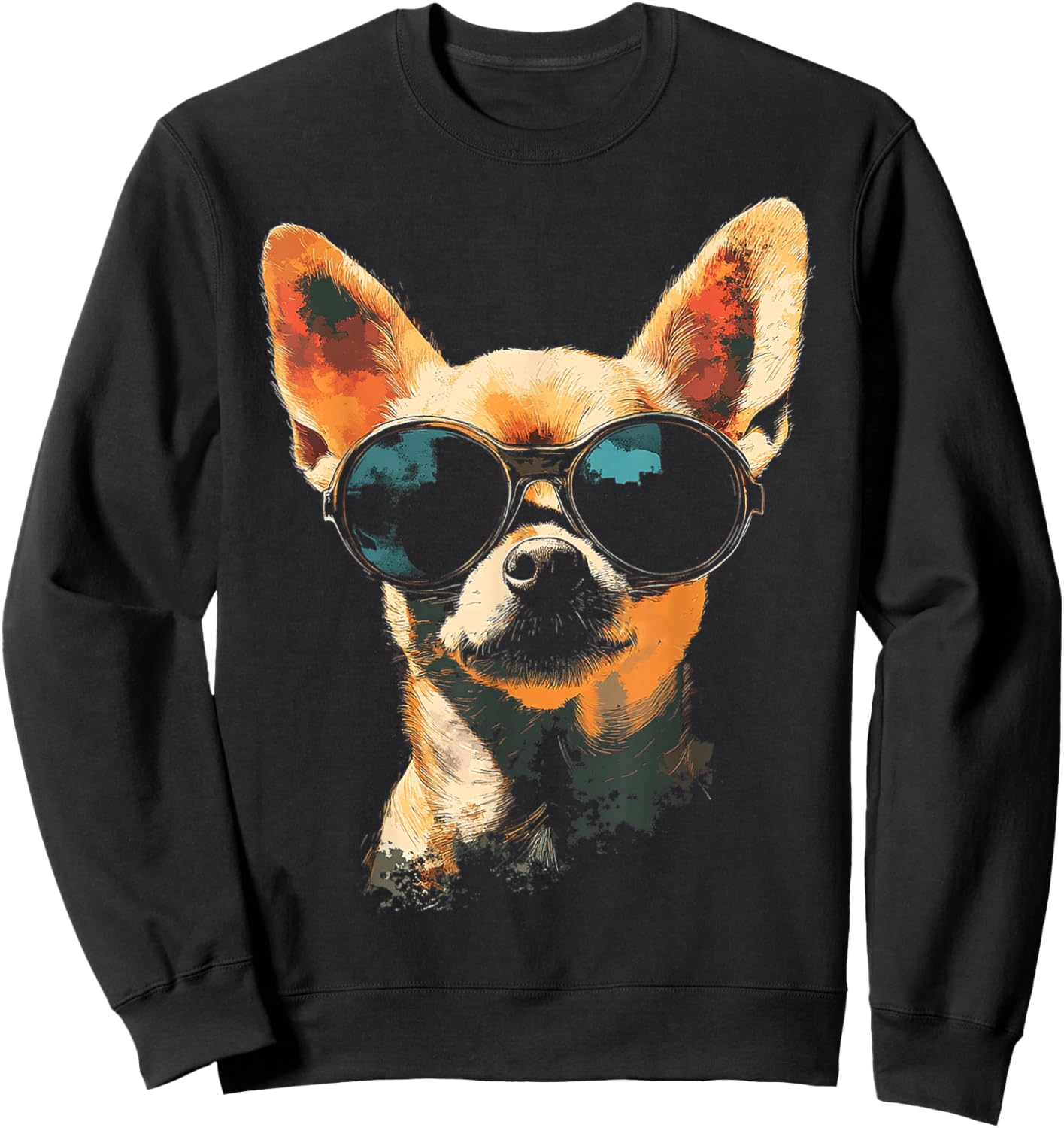 Chihuahua Dog Motif Pet Artwork Sunglasses Chihuahua Women Kids Sweatshirt - Sweatshirt | Black
