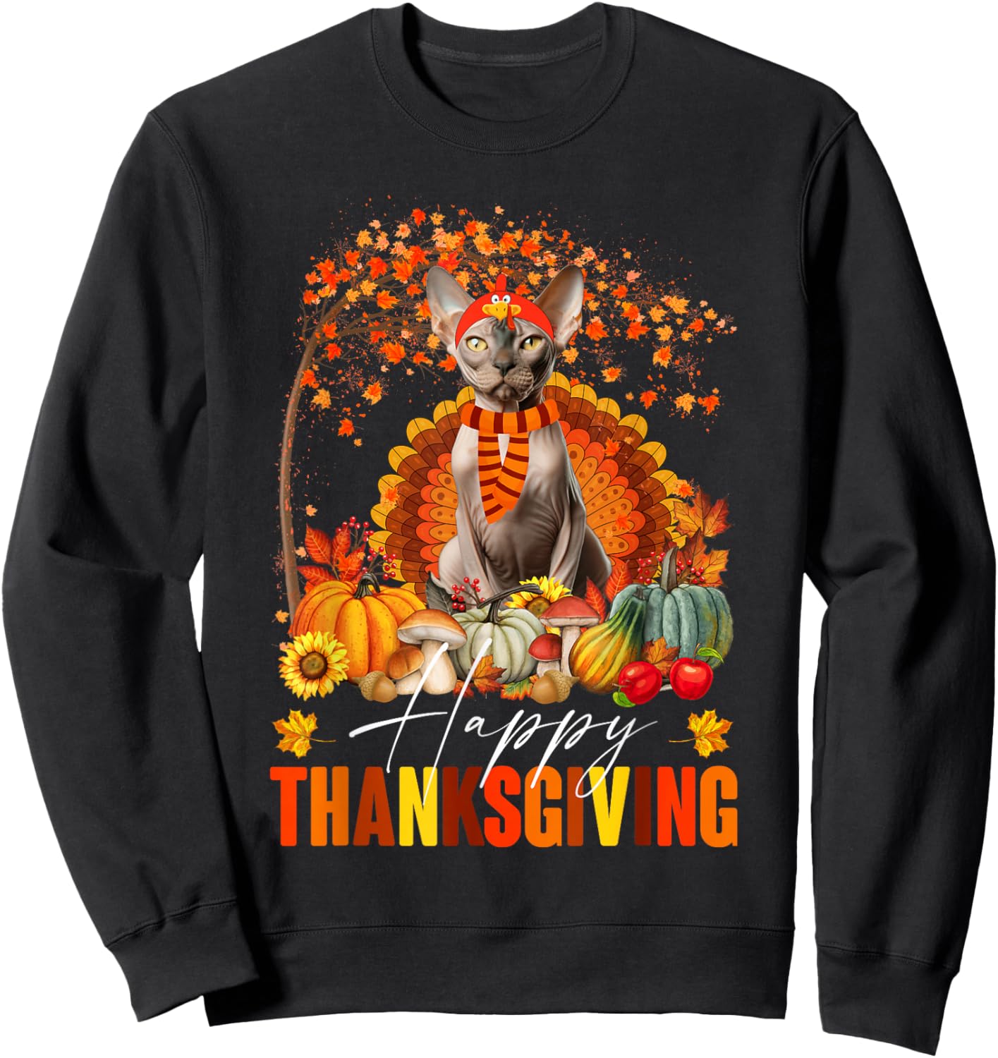 Funny Sphynx Cat In Turkey Costume Happy Thanksgiving Day Sweatshirt - Sweatshirt | Black