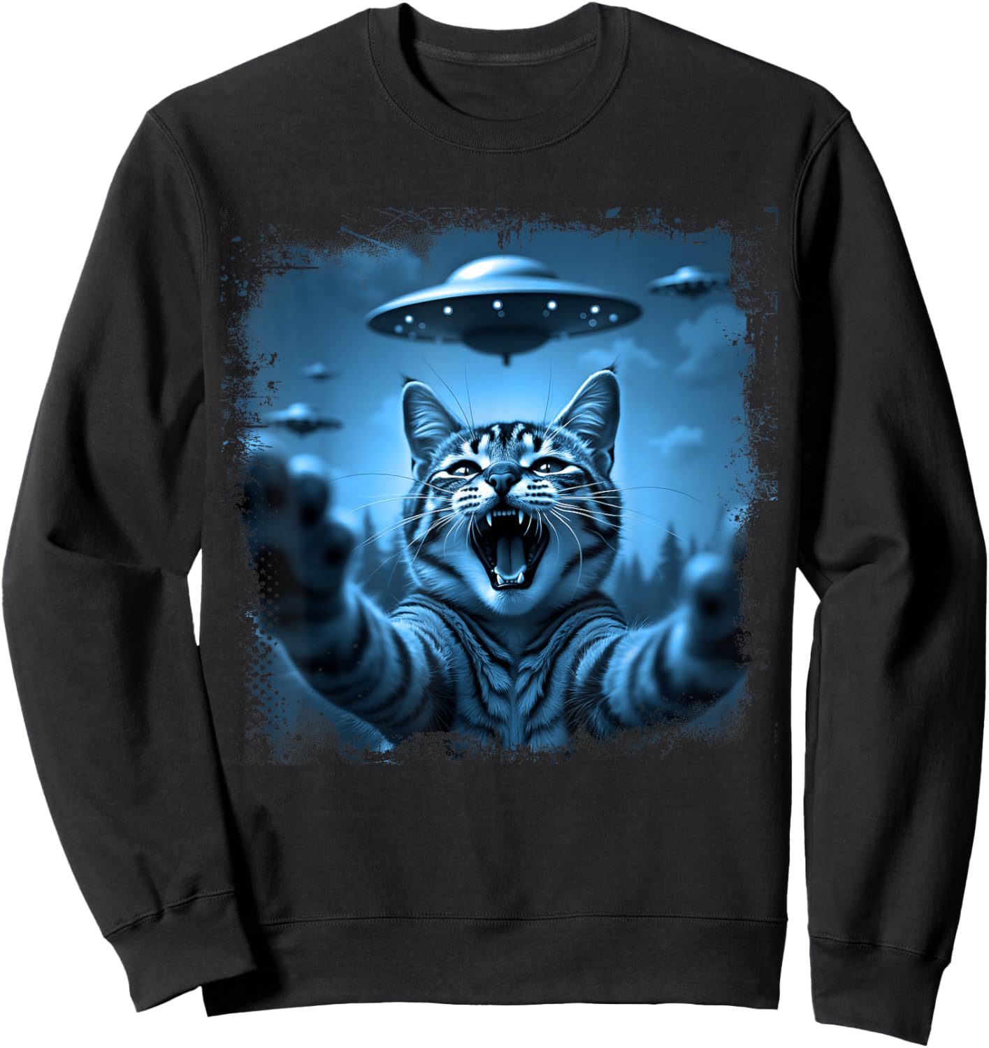 Funny Cat Selfie with UFOs Funny Cats Alien Design Sweatshirt - Sweatshirt | Black