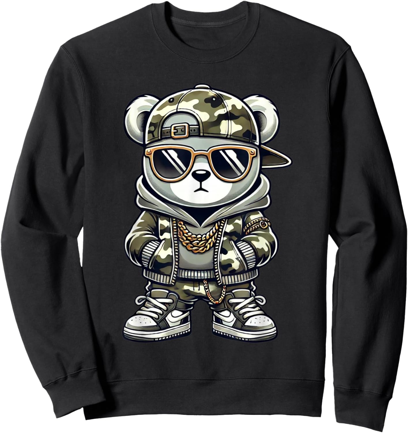 Camo Hip Hop Teddy Bear Camouflage Gangsta Streetwear Hustle Sweatshirt - Sweatshirt | Black
