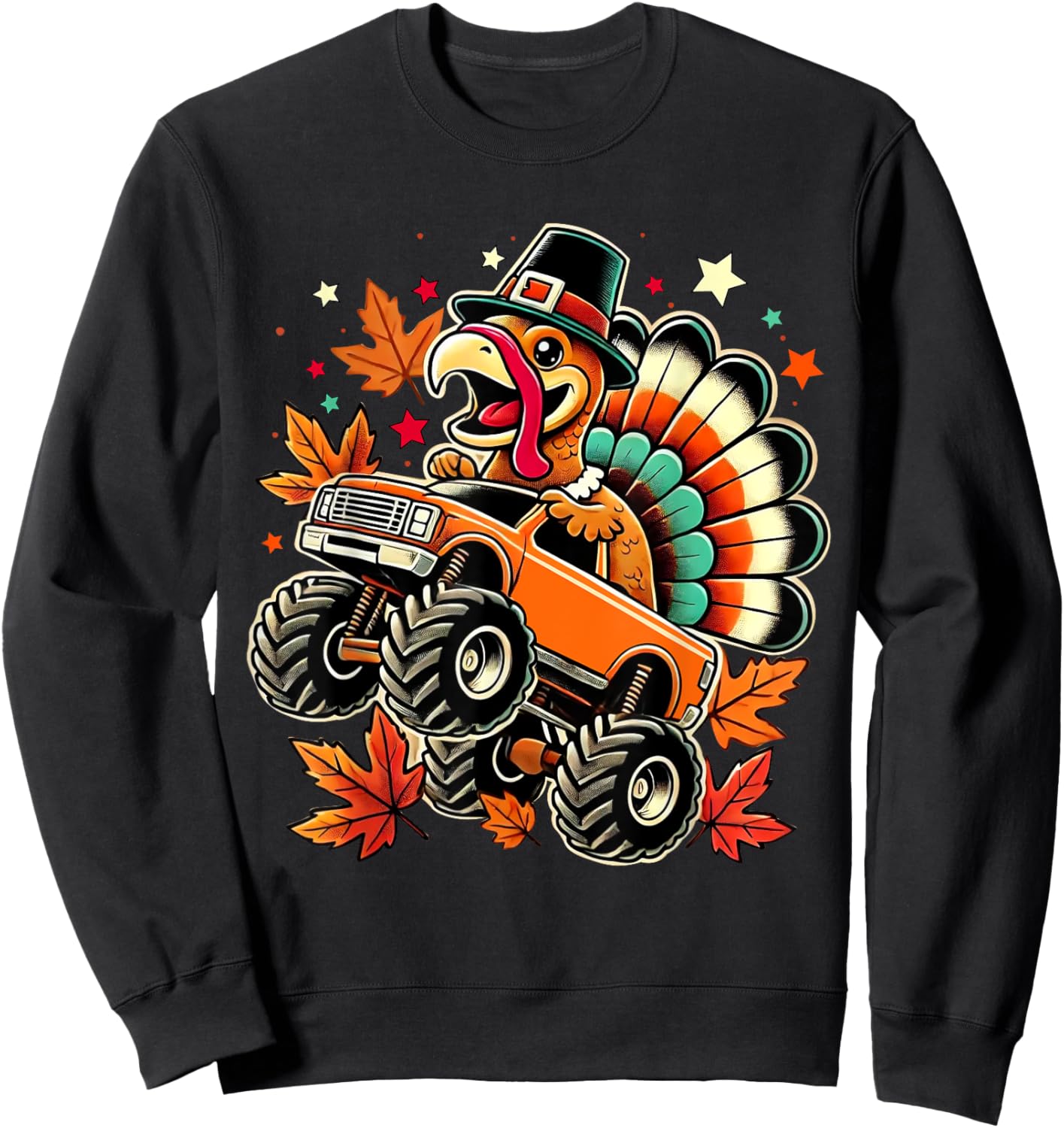 Funny Turkey Driving Monster Truck Thanksgiving Boys Toddler Sweatshirt - Sweatshirt | Black