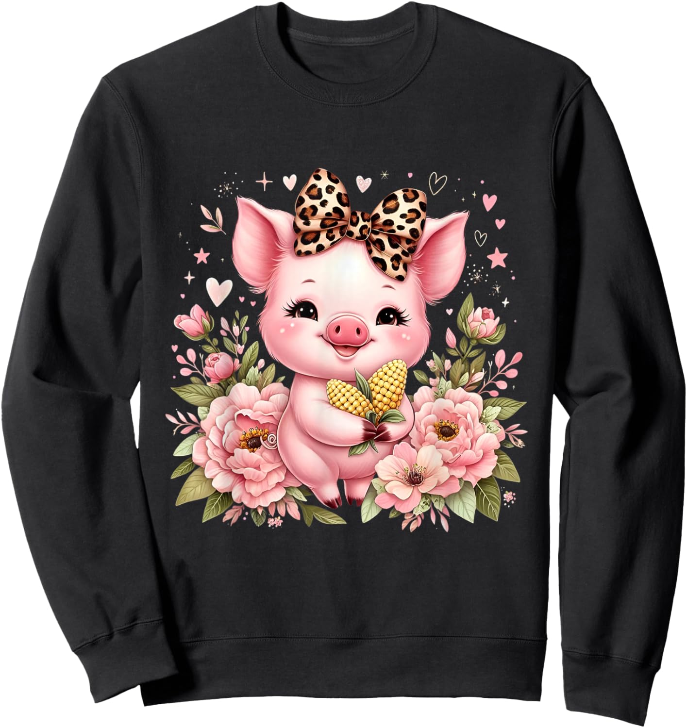 Pig Corn Leopard Coquette Bow Flowers Cute Pig Lover Women Sweatshirt - Sweatshirt | Black