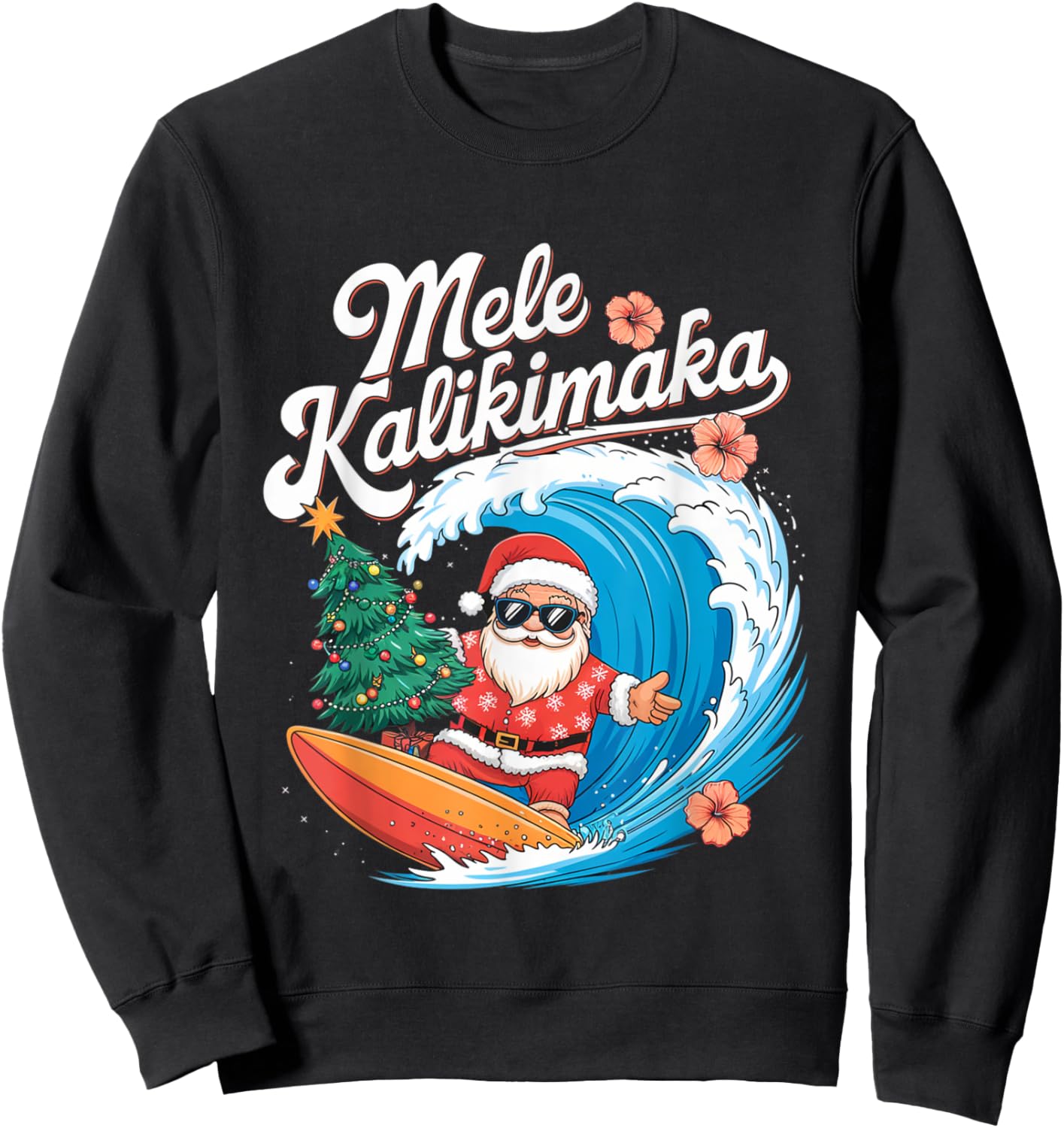 Vintage Cute Mele Kalikimaka Christmas Santa Surfing Costume Sweatshirt - Sweatshirt | Black