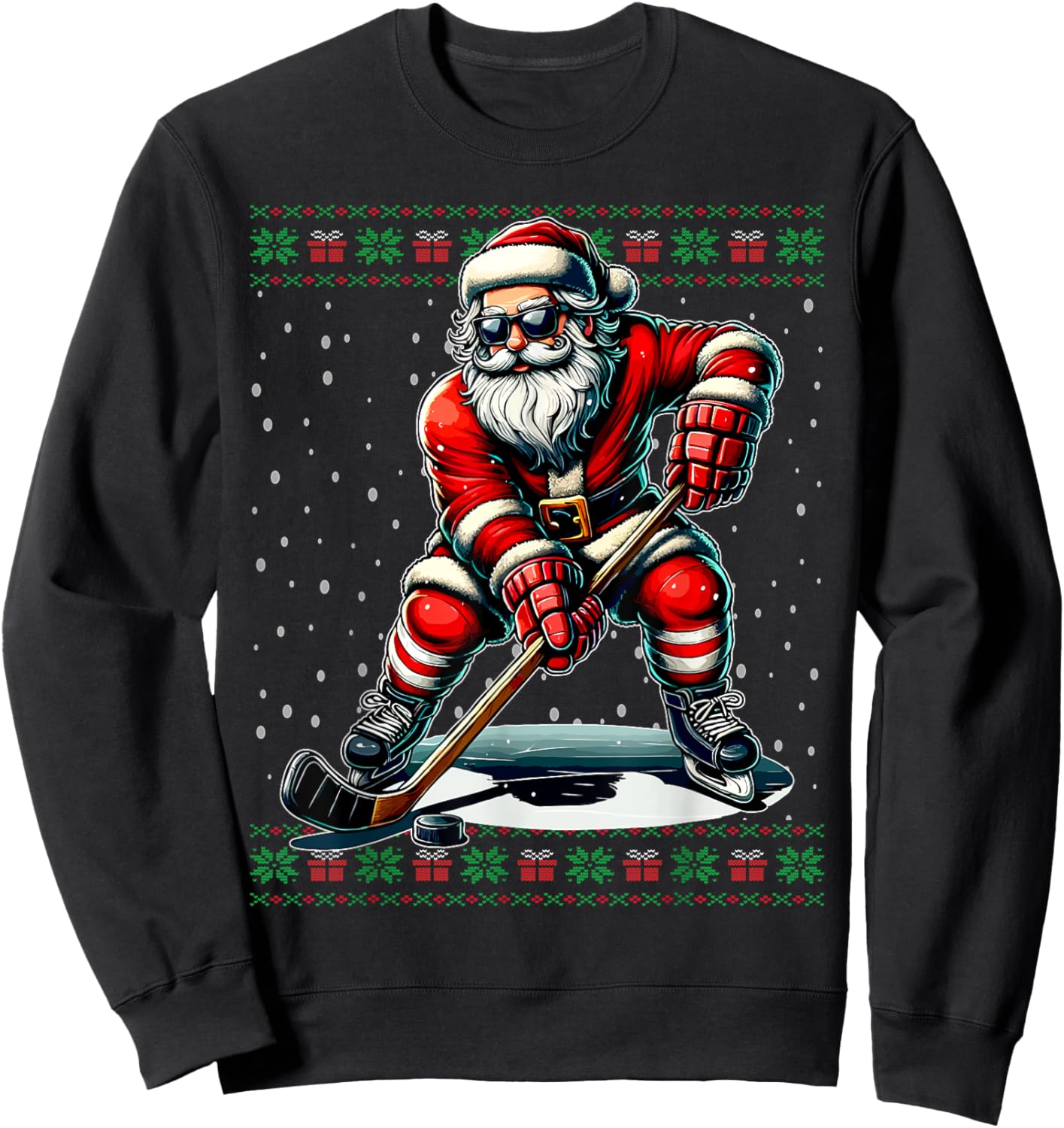 Santa Claus Playing Hockey Ugly Christmas Sweater Sweatshirt - Sweatshirt | Black