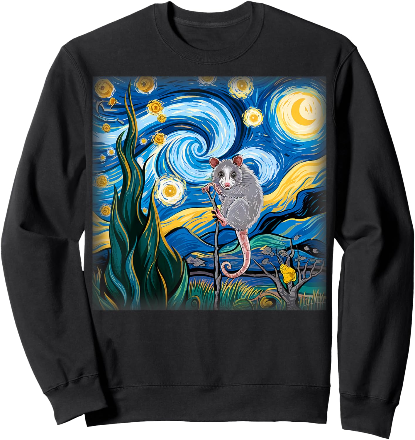 Starry Night Opossum Van Gogh Possum Rodent Gifts Men Women Sweatshirt - Sweatshirt | Black