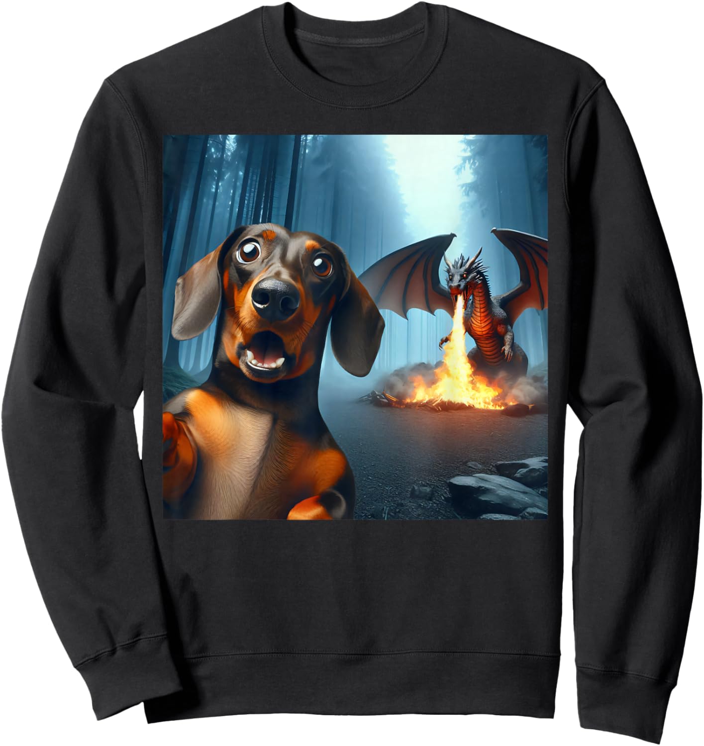 Dachshund Selfie with dragon surprised Dachshund dragon Sweatshirt - Sweatshirt | Black