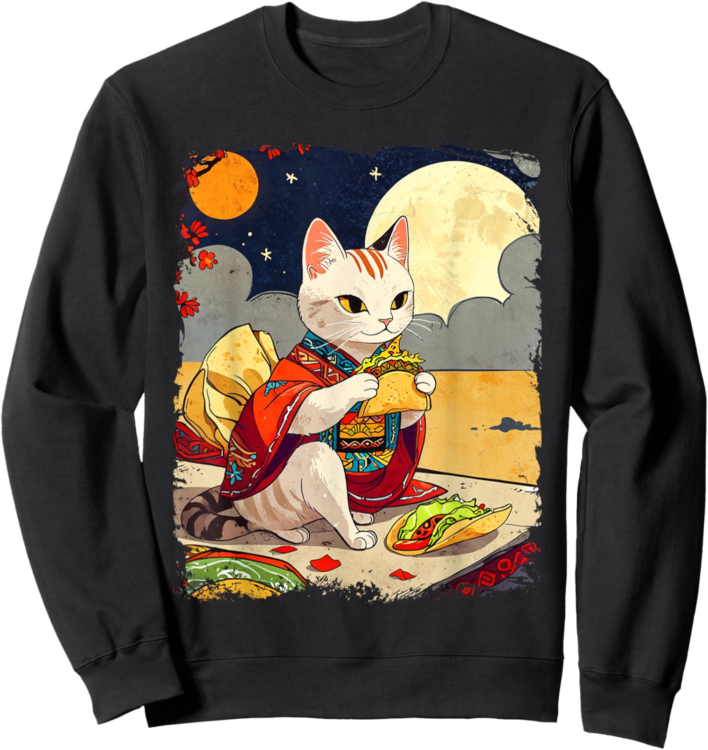 Cat Eating Tacos Funny Taco Cat Ukiyo-e Art Mexican Cat Sweatshirt - Sweatshirt | Black