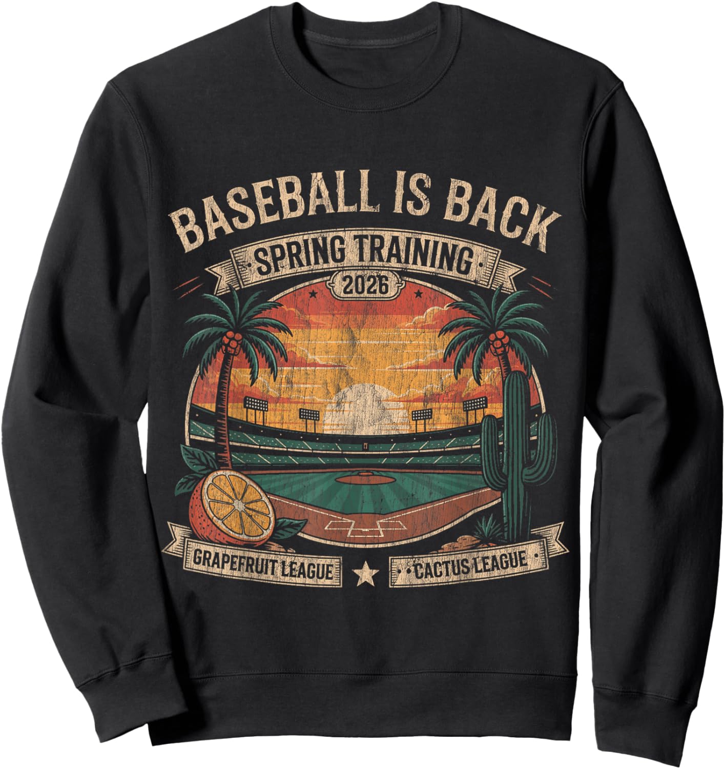 Spring Training Baseball is Back 2026 Retro Stadium Sunset T-Shirt - Sweatshirt | Black