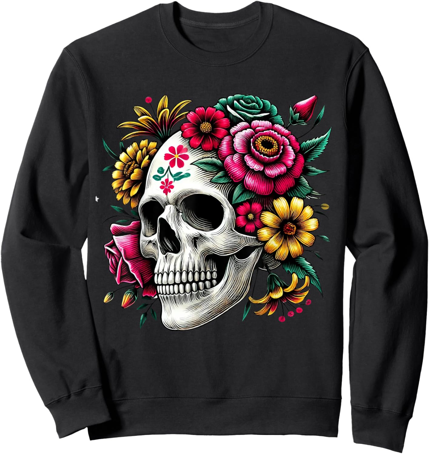 Floral Skull Flowers Dia De Los Muertos Mexico Sugar Skull Sweatshirt - Sweatshirt | Black