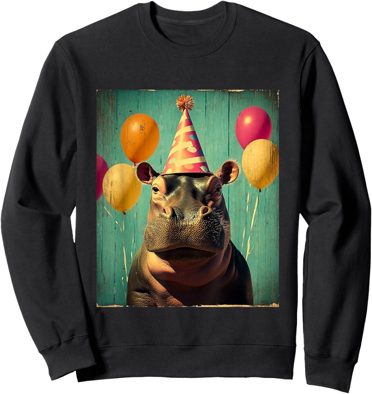 Hippo Retro Art Print Birthday Party Balloons & Party Hat Sweatshirt - Sweatshirt | Black