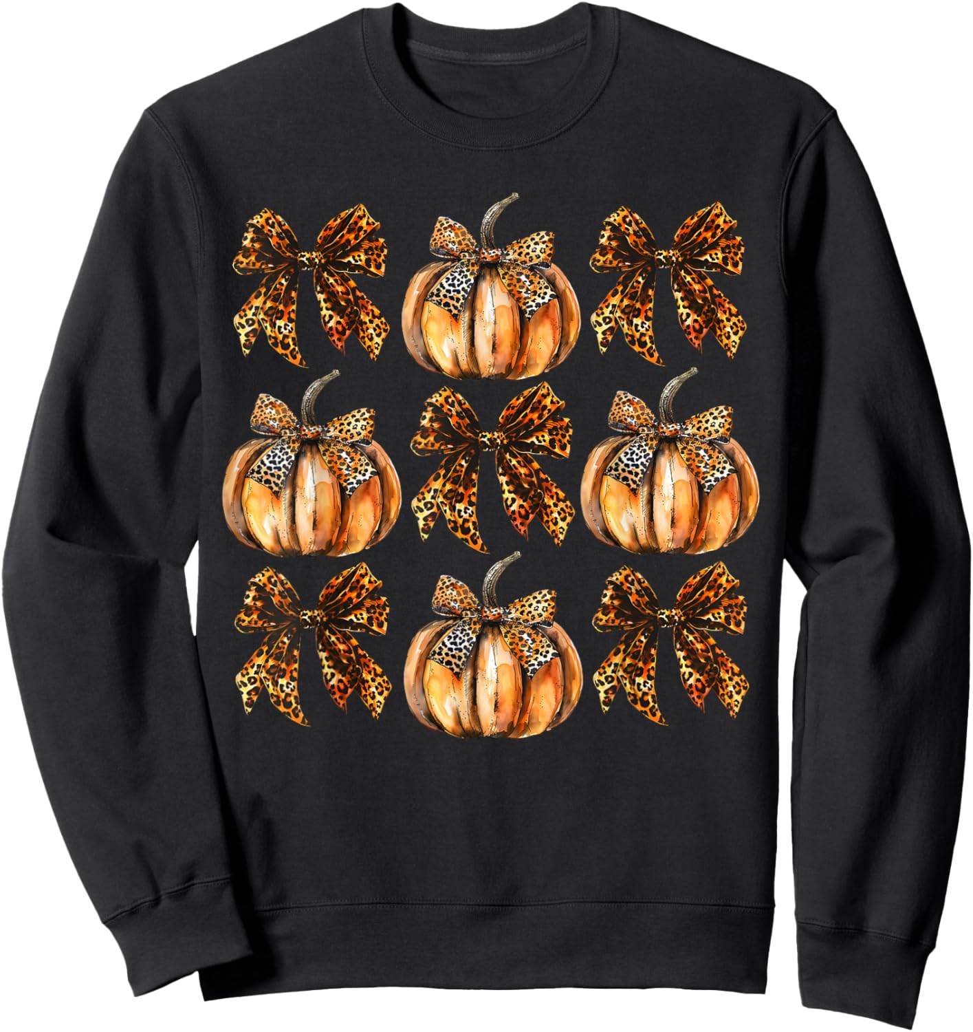 Leopard Coquette Bow Pumpkin Thanksgiving Autumn Fall Leaves Sweatshirt - Sweatshirt | Black
