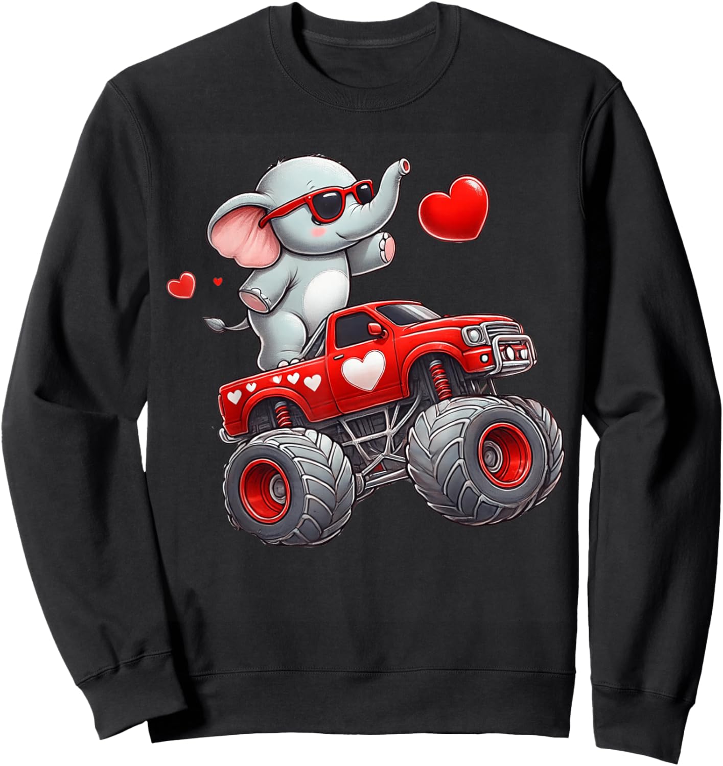 Valentines Day Elephant Riding Monster Truck Cute Boys Girls Sweatshirt - Sweatshirt | Black