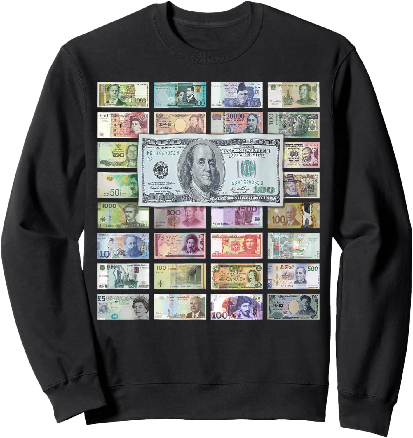 Global Currencies, World Money & 100 Dollar Bill Design Sweatshirt - Sweatshirt | Black